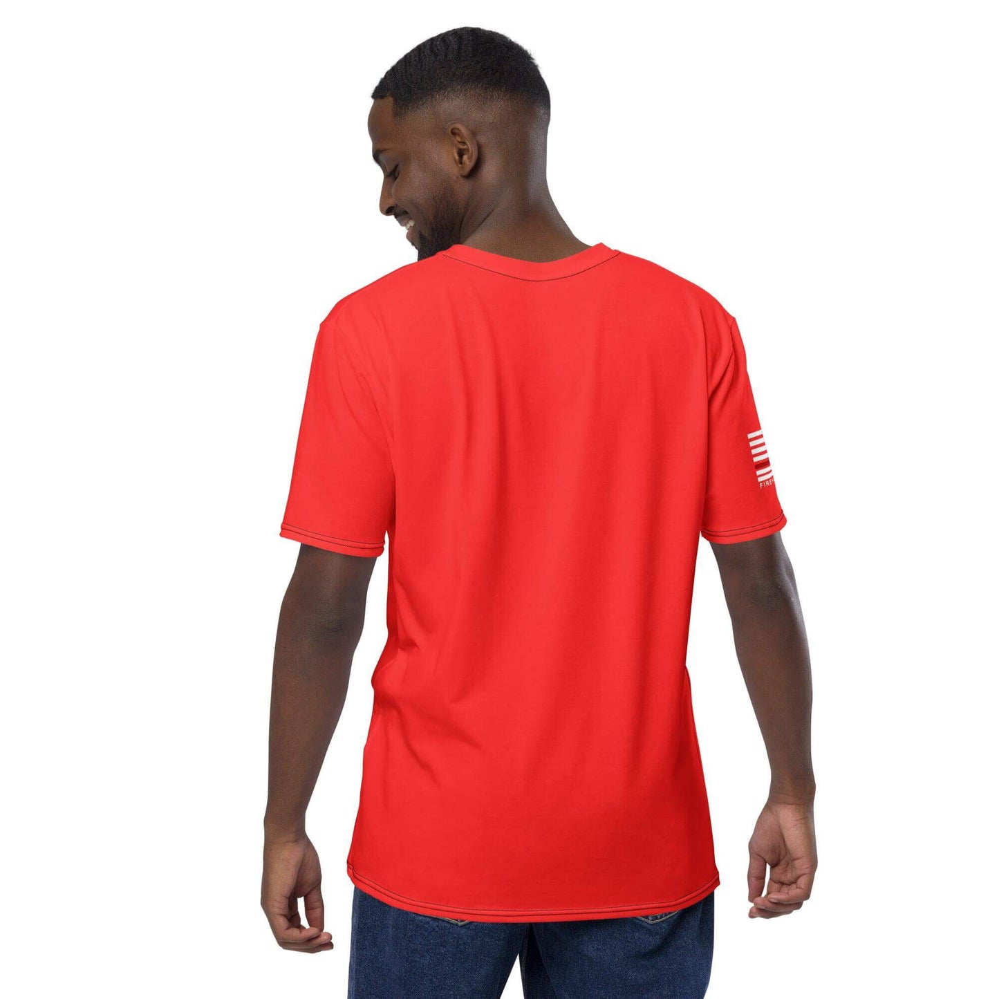 Back view of a comfortable red men's t-shirt, ideal for firefighter apparel and gifts.