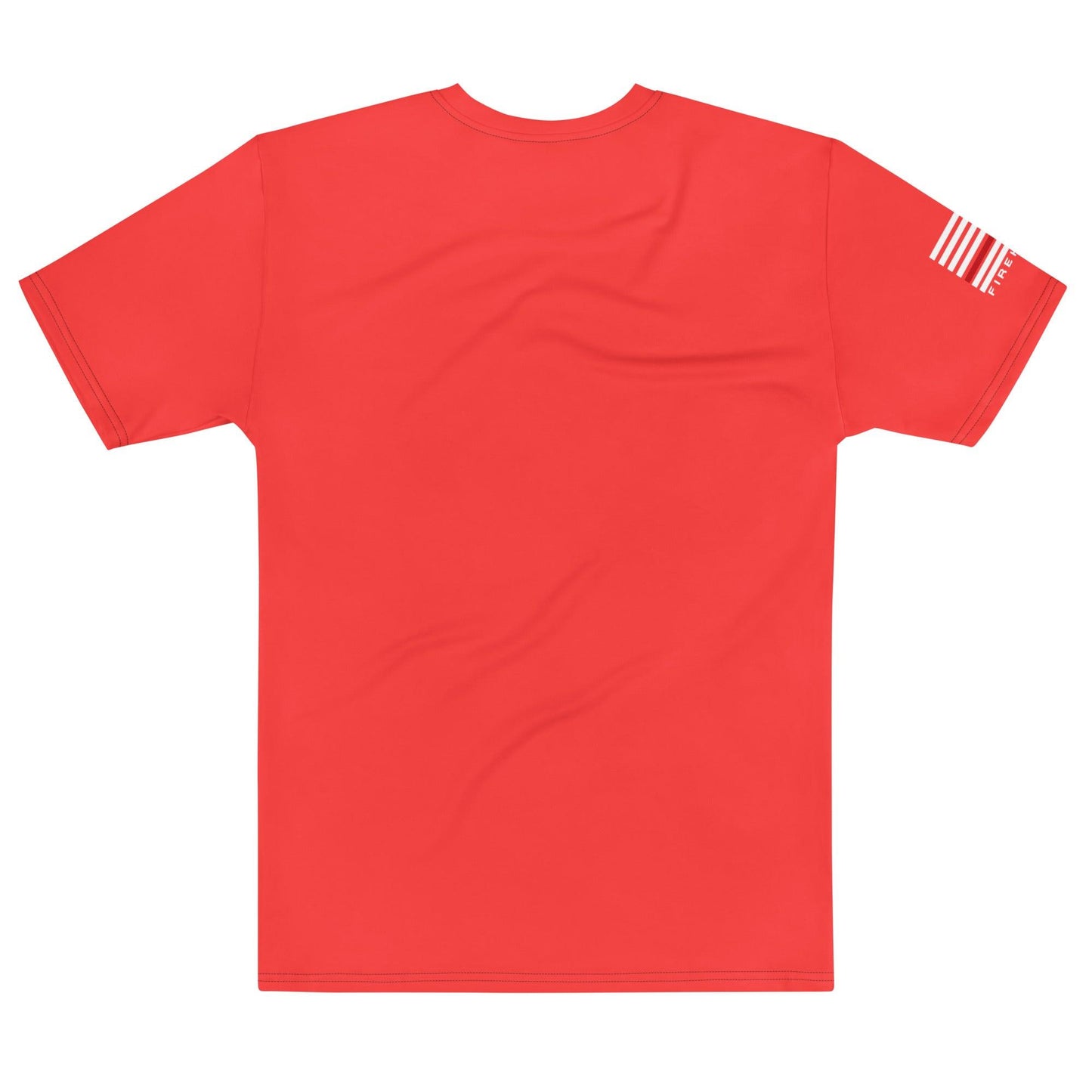 Red men's t-shirt with back view showcasing smooth fabric and patriotic sleeve design, perfect firefighter apparel gift.