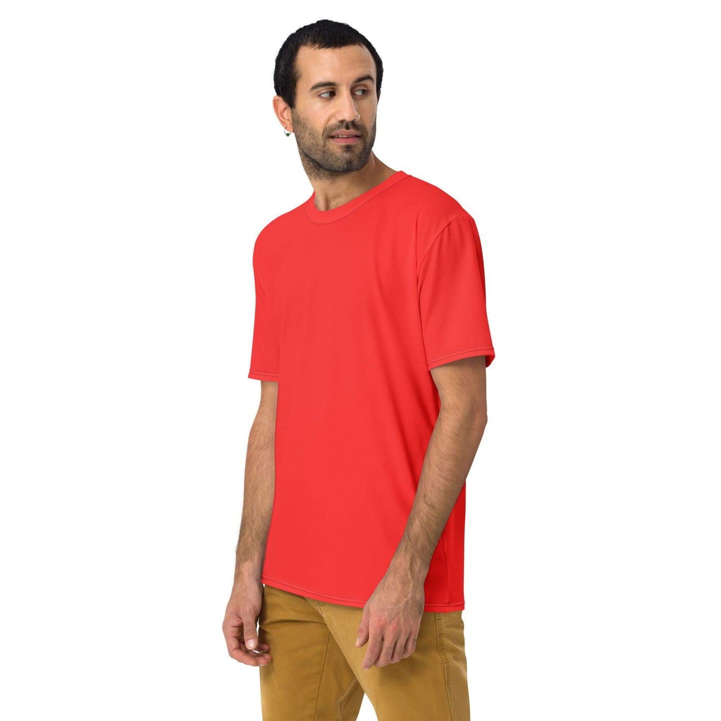 Man in red men's t-shirt, perfect for firefighter gifts and apparel, showcasing comfort and style.