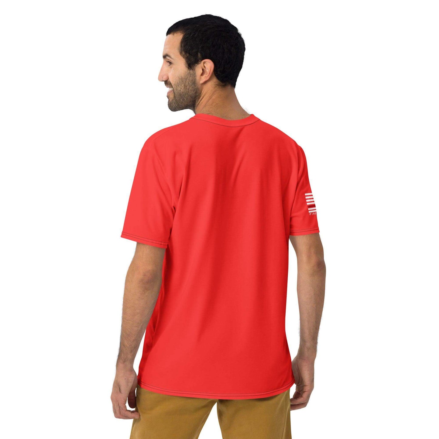 Back view of a man wearing a red men's t-shirt, featuring a flag design on the sleeve, ideal for firefighter apparel.