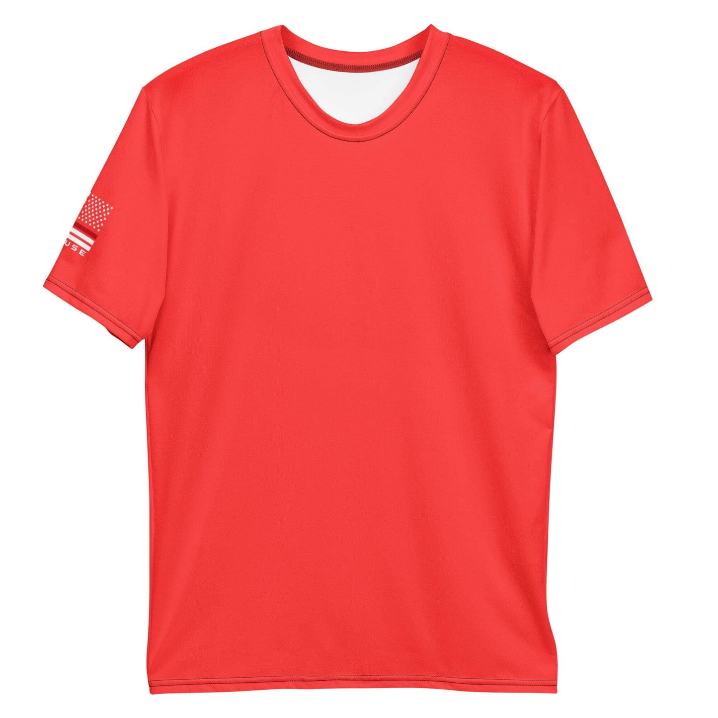 Red men's t-shirt with flag detail, ideal for firefighter gifts and apparel, soft and durable for everyday wear.