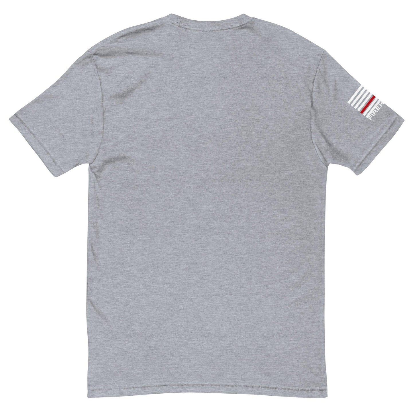 Back view of a comfortable grey short sleeve t-shirt, ideal for firefighters and firehouse gifts.