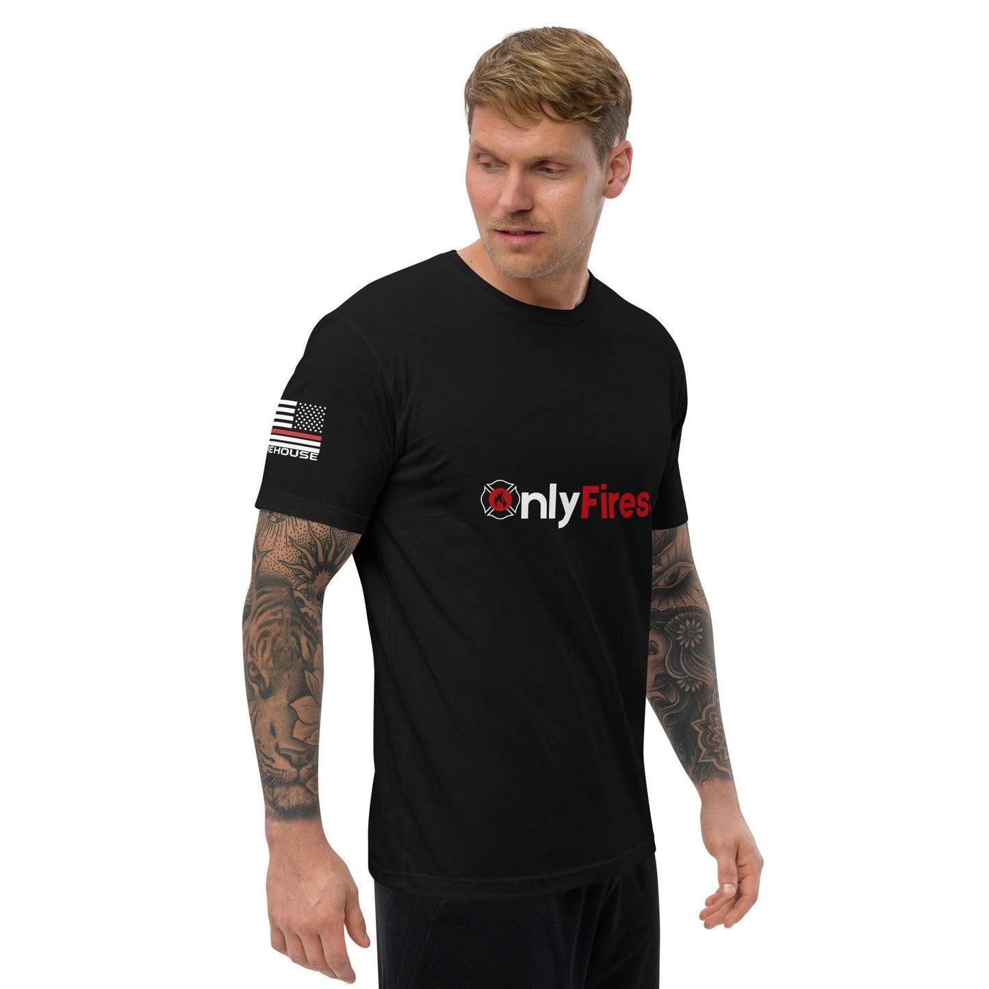 Black short sleeve t-shirt featuring fire-themed design and American flag, ideal for firefighter apparel and gifts.