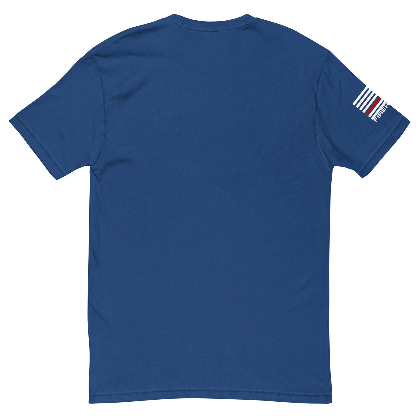 Back view of a navy short sleeve t-shirt featuring a flag design on the sleeve, ideal for firefighter apparel and gifts.