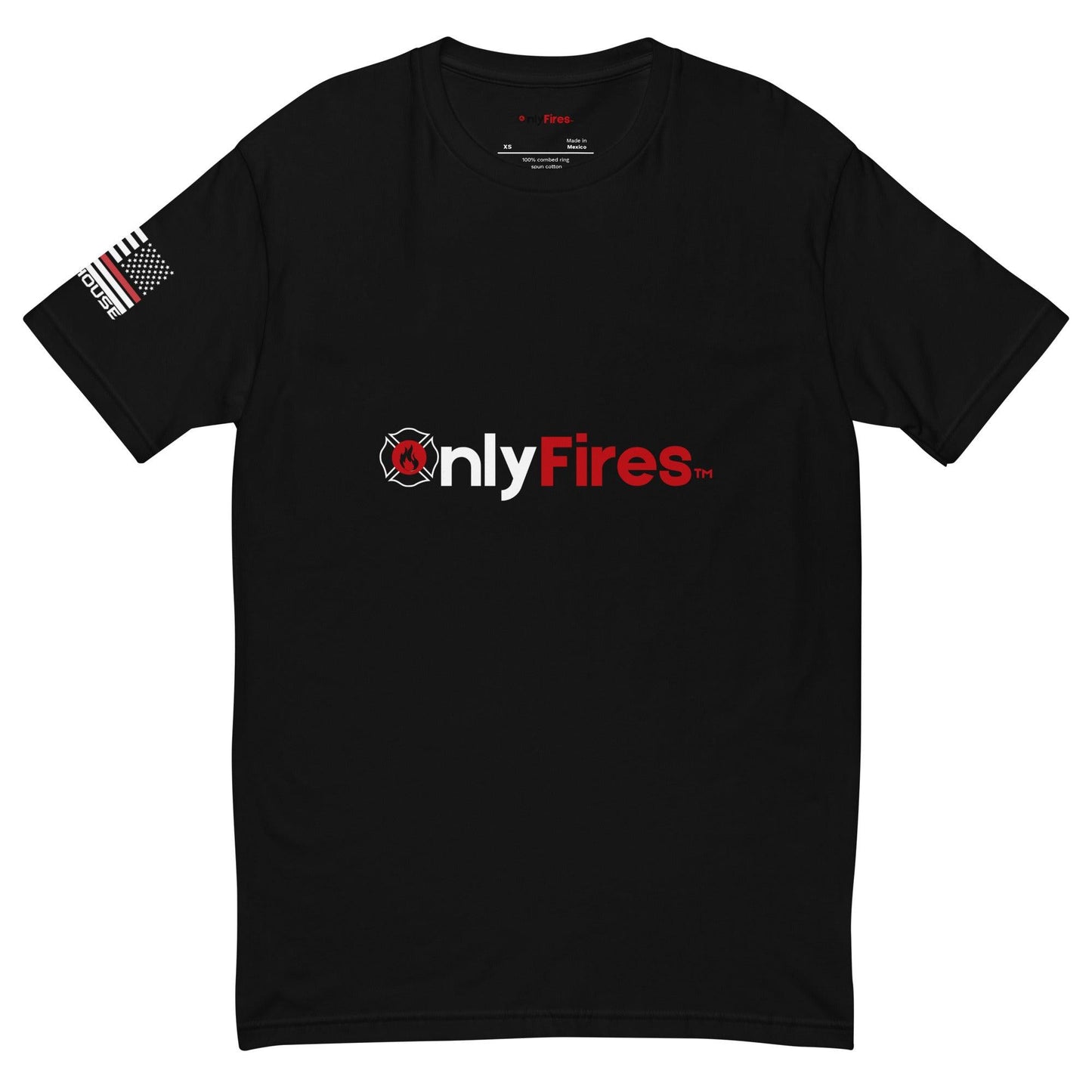 Black short sleeve t-shirt with OnlyFires logo, perfect for firefighter apparel and gifts.