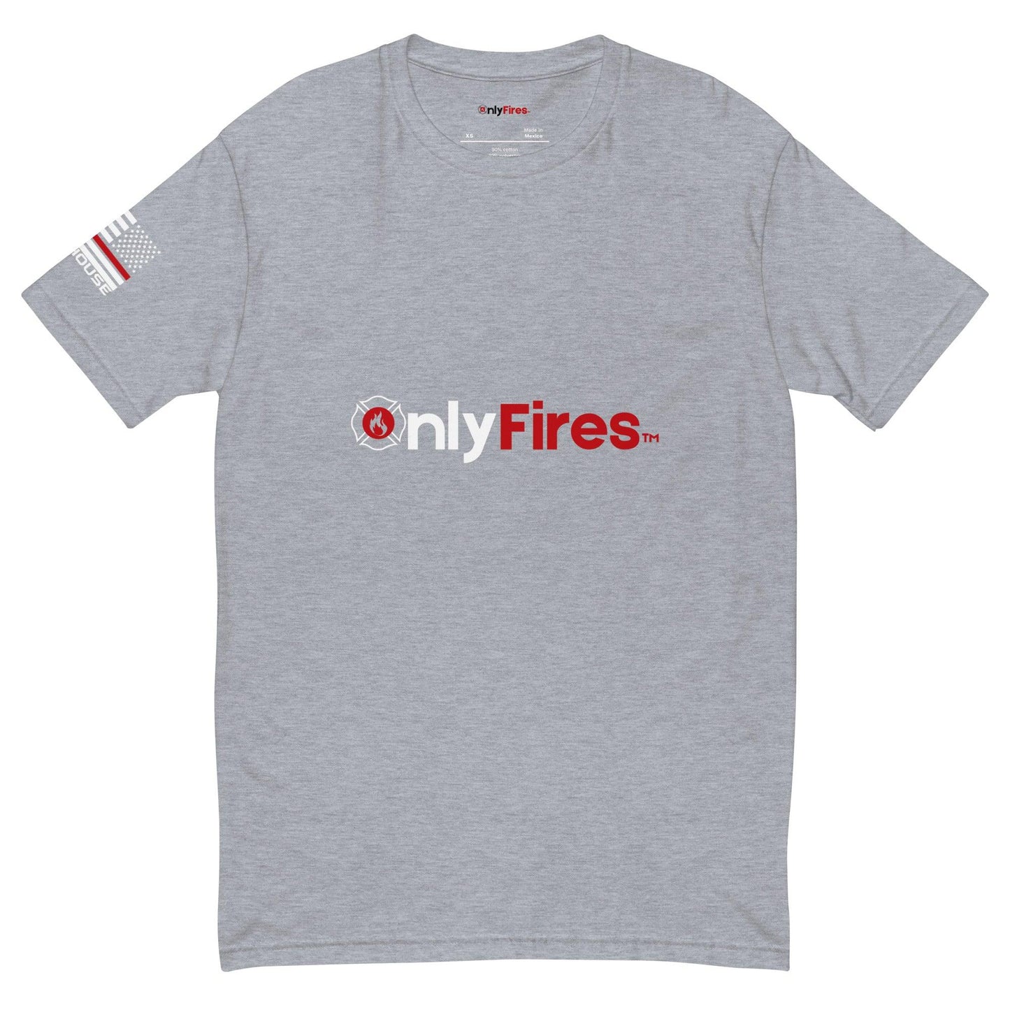 Short sleeve heather grey t-shirt with "onlyFires" logo, ideal for firefighter gifts and apparel.