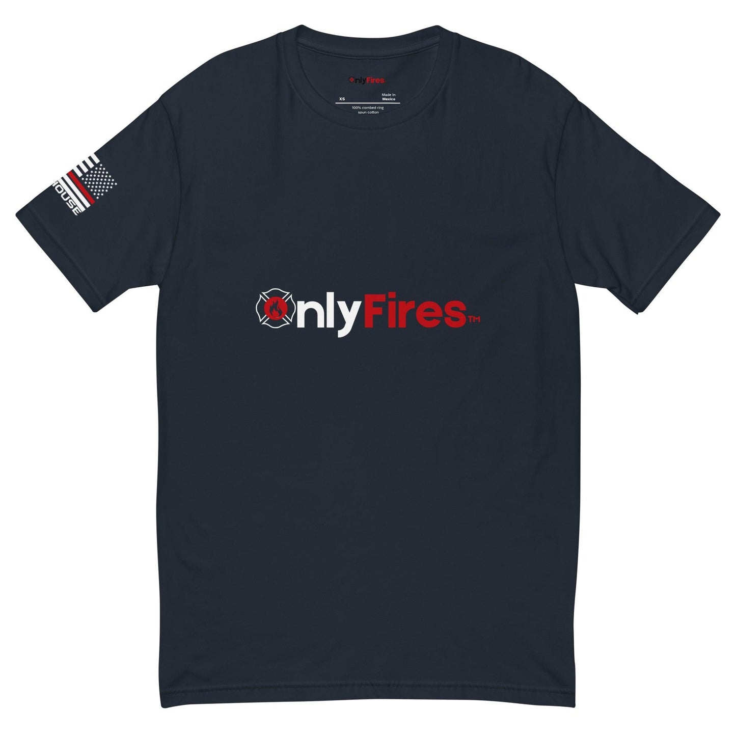 Short sleeve navy t-shirt with "onlyFires" logo and American flag patch, perfect for firefighter apparel and gifts.