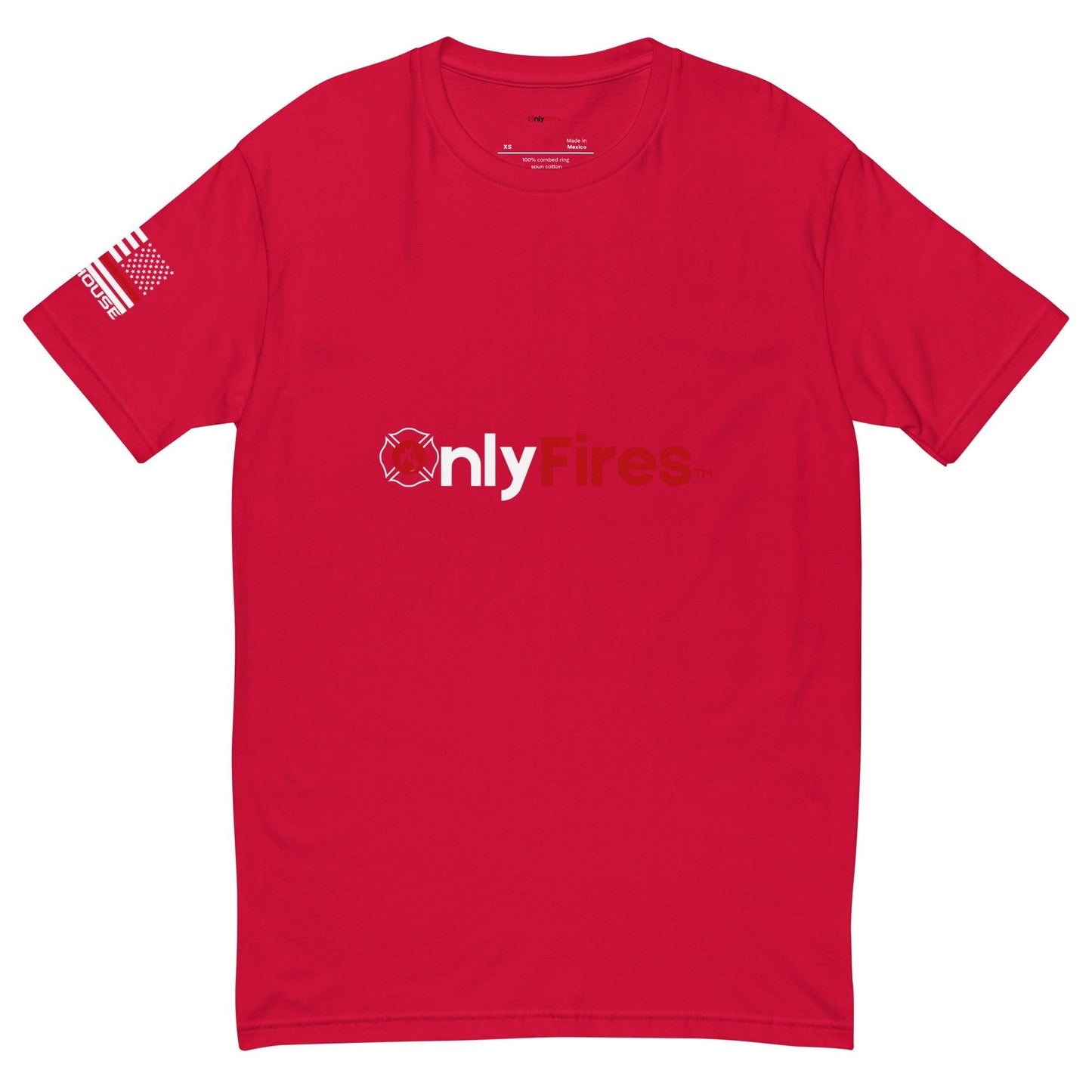 Red short sleeve t-shirt with "onlyFires" logo, perfect for firefighter apparel and firehouse gifts.