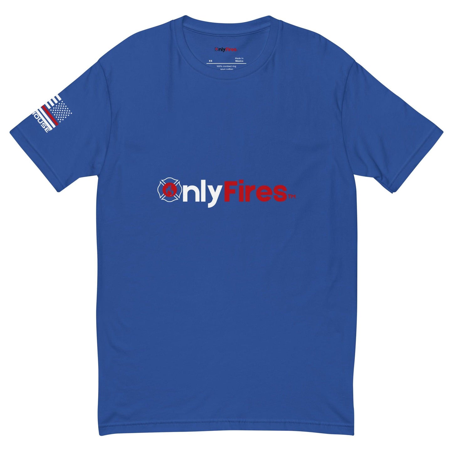 Blue short sleeve t-shirt with "onlyFires" logo, perfect for firefighter apparel and gifts.