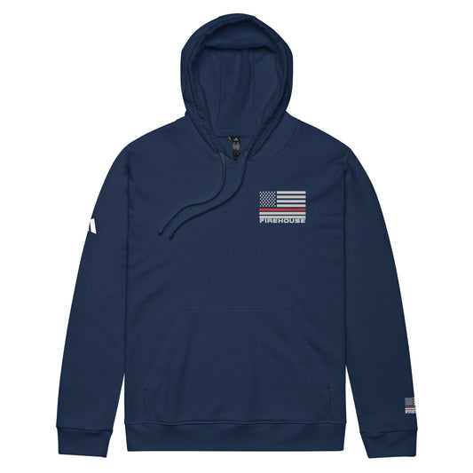 Navy blue Adidas firefighter hoodie featuring American flag and "FIREHOUSE" logo for stylish firefighter apparel.