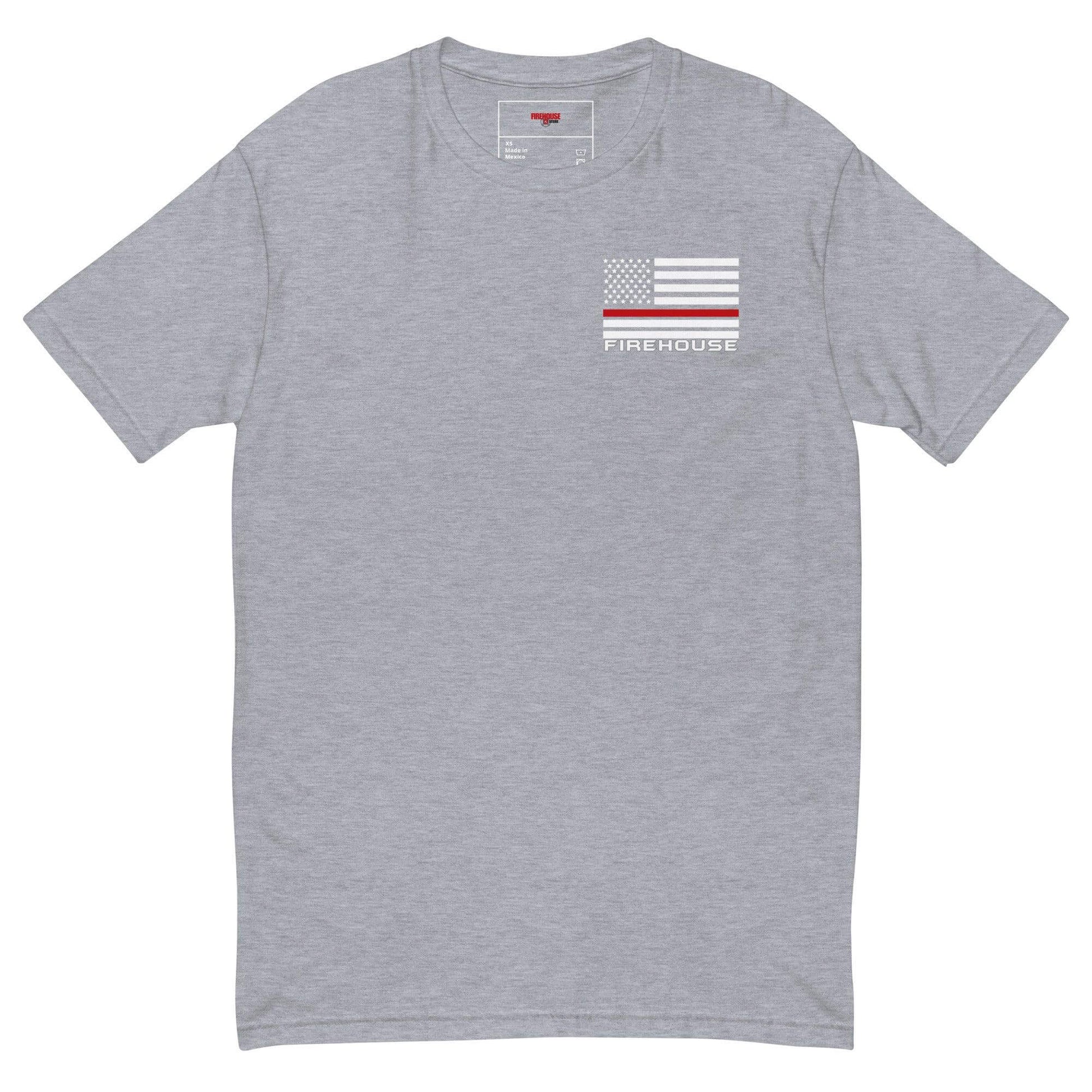 Grey short sleeve t-shirt featuring a firehouse graphic and American flag, perfect for firefighter gifts and apparel.