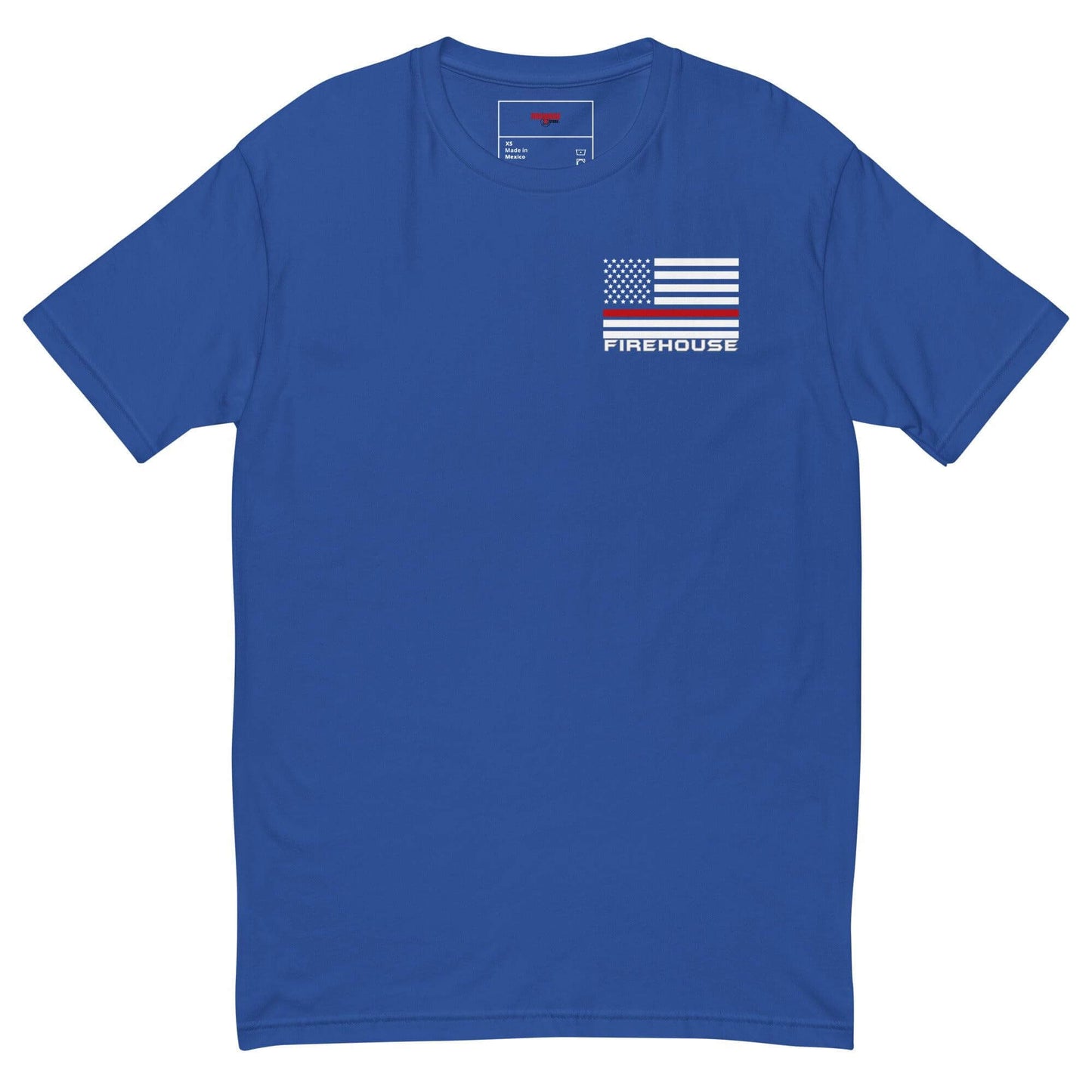 Blue short sleeve t-shirt featuring a flag design and "FIREHOUSE" text, perfect for firefighters and firehouse gifts.