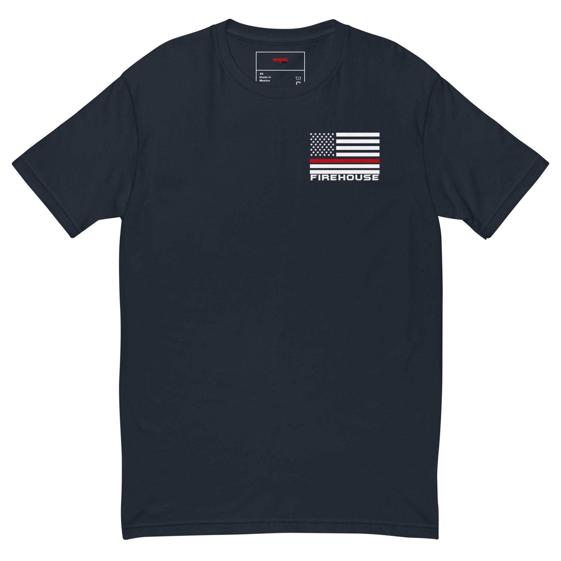 Short sleeve navy t-shirt featuring American flag and "FIREHOUSE" print, ideal for firefighter gear and gifts.