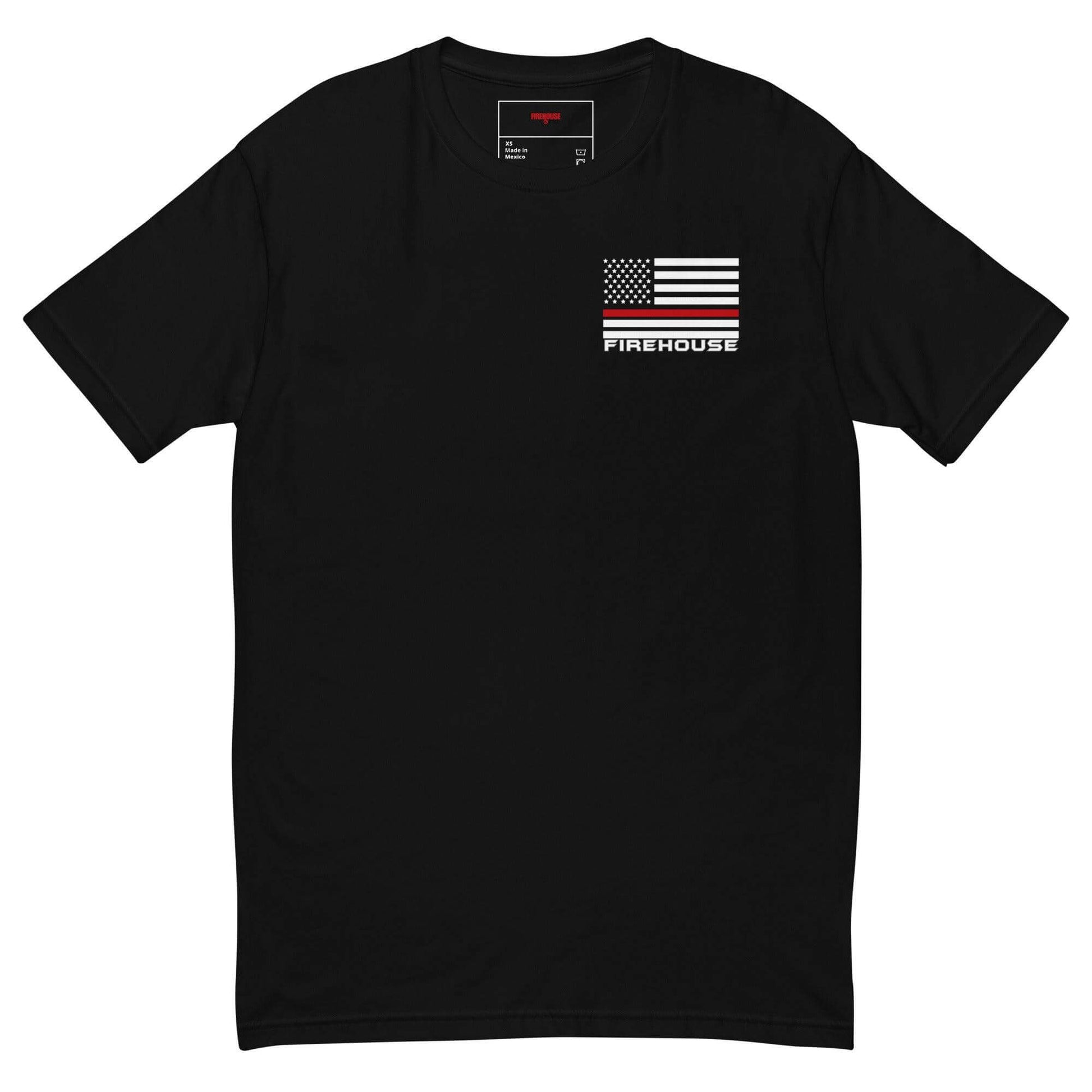 Black short sleeve t-shirt featuring American flag design and "FIREHOUSE" printed, perfect for firefighter apparel.