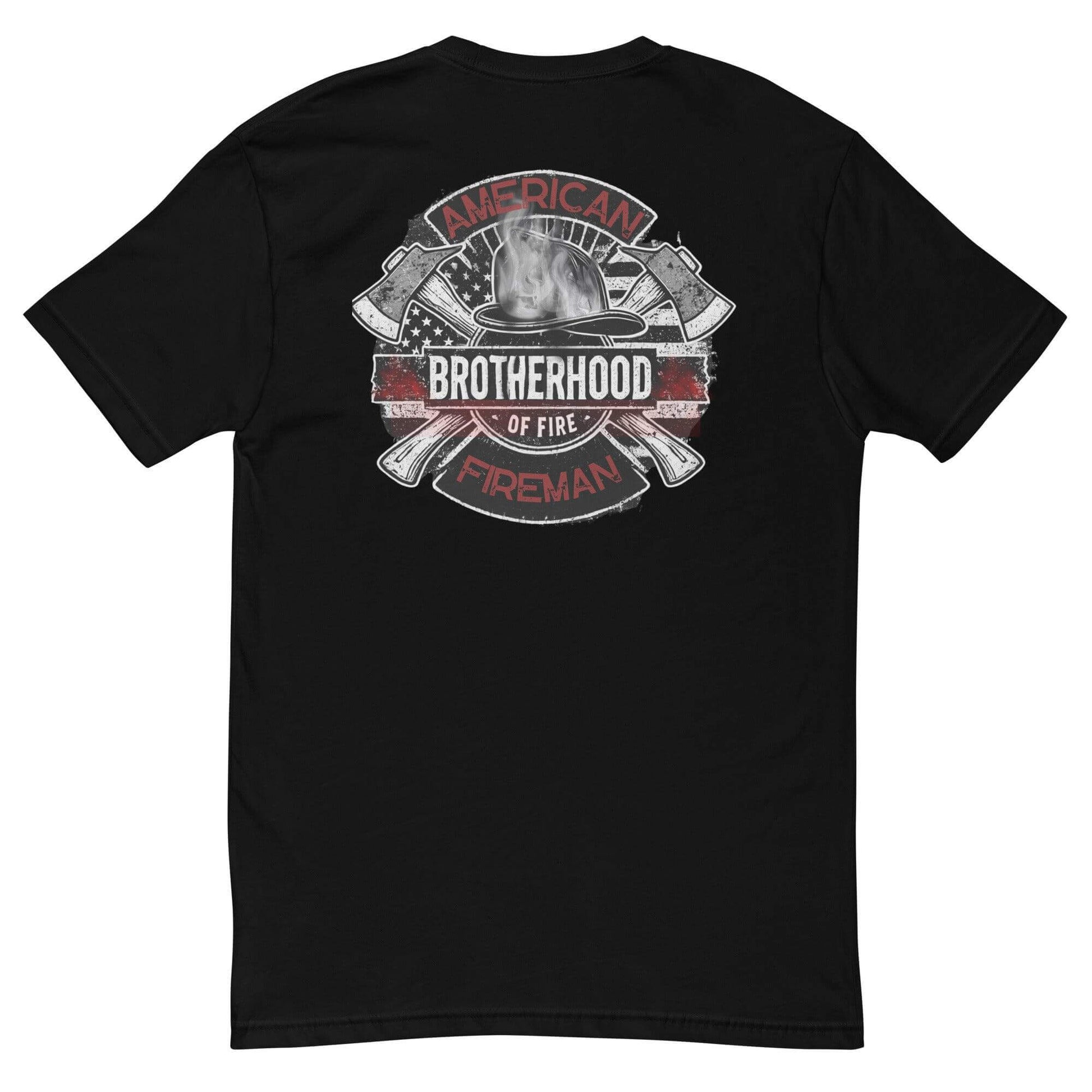 Black short sleeve t-shirt featuring "American Brotherhood of Fire" design with axes and a helmet, ideal for firefighter apparel.