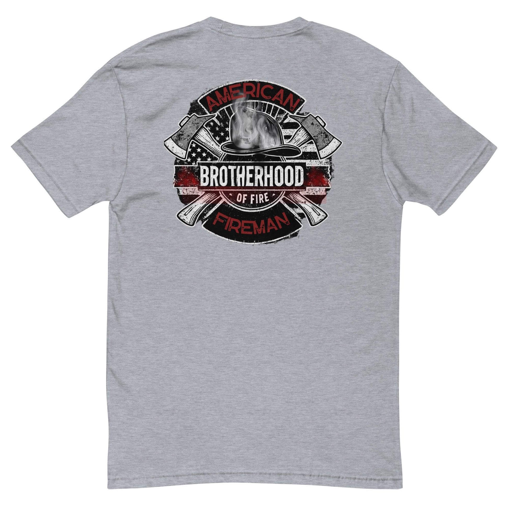 Short sleeve firefighter t-shirt with "American Brotherhood of Fire" graphic and axe design on heather grey fabric.