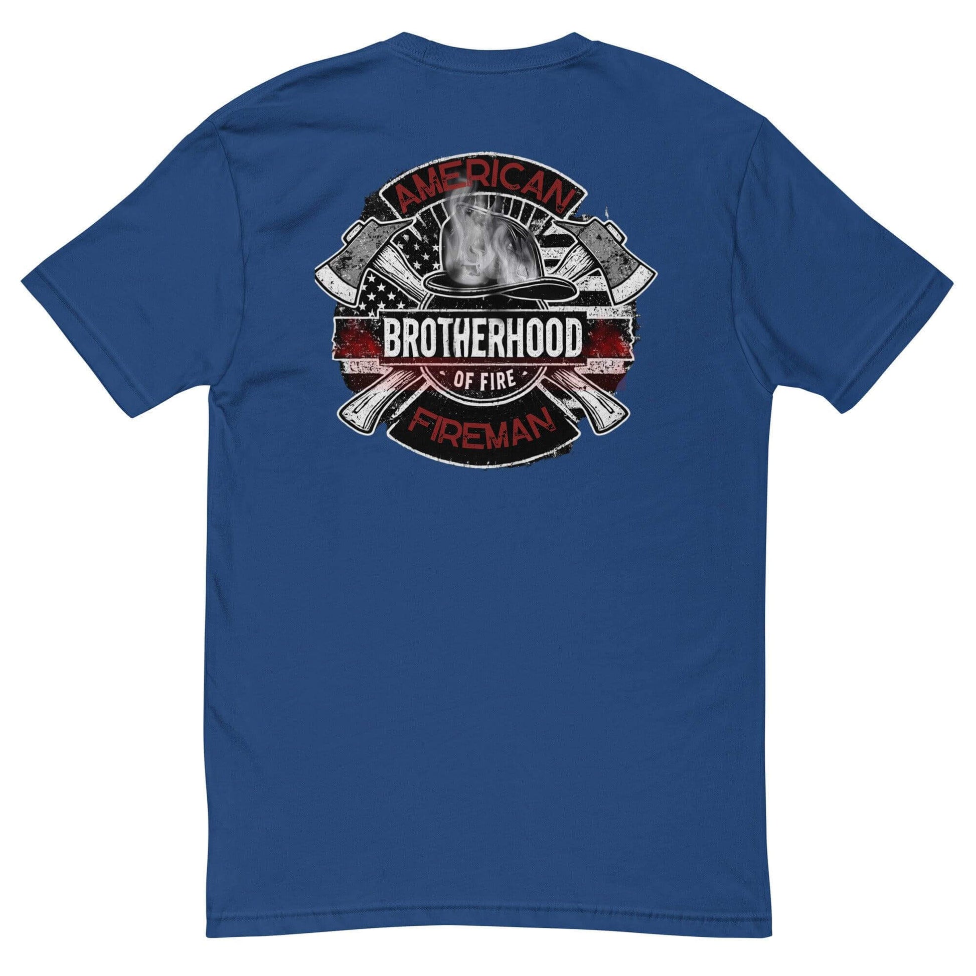 Short sleeve blue t-shirt featuring "American Brotherhood of Fire" design with firefighter axes and a helmet. Perfect firefighter apparel.