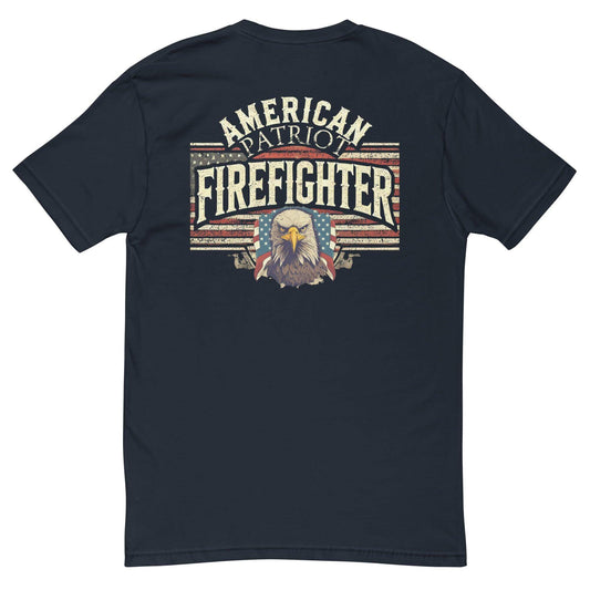 Black short sleeve t-shirt featuring "American Patriot Firefighter" graphic with eagle design, perfect for firefighter apparel.