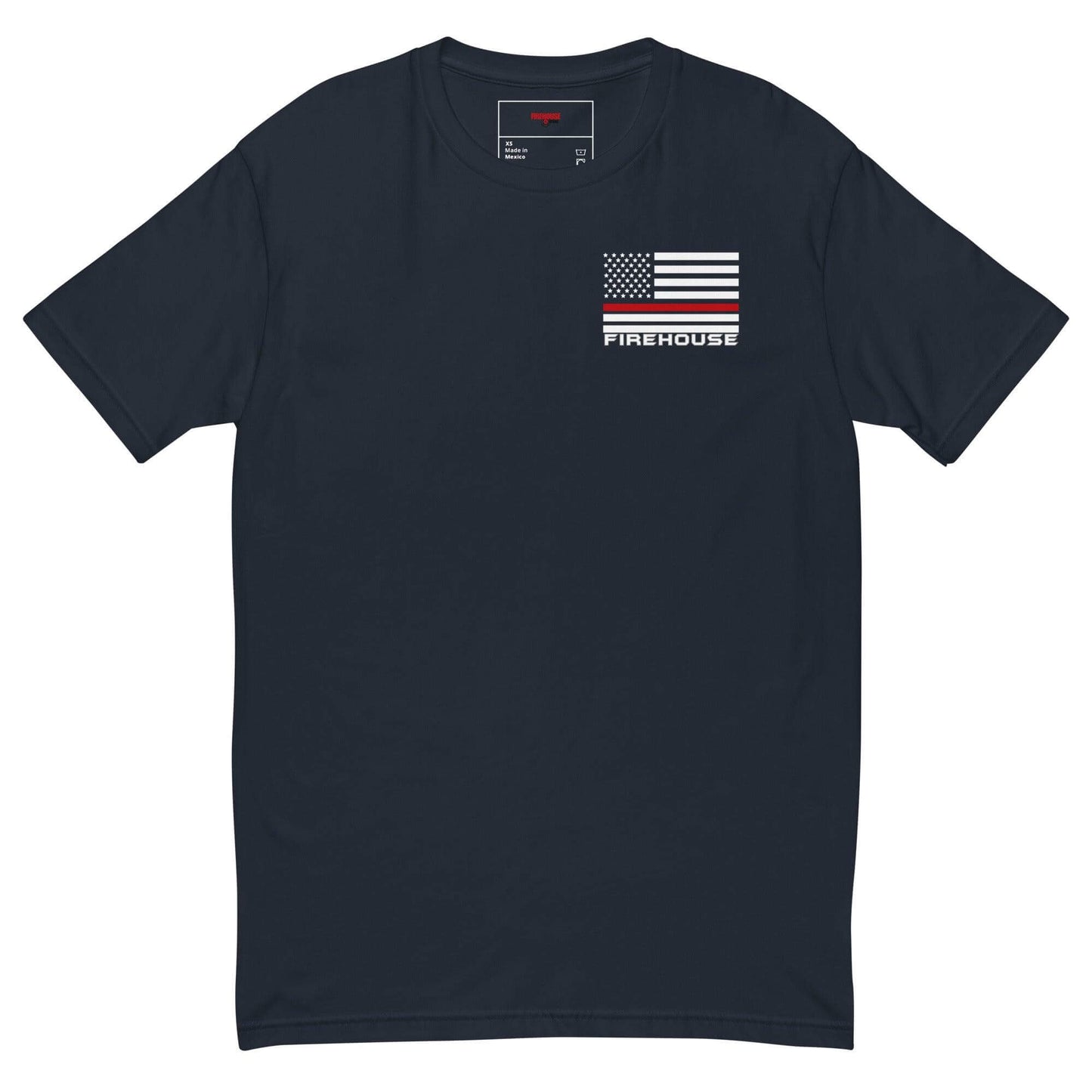 Short sleeve firehouse t-shirt with American flag graphic, ideal for firefighter apparel and gifts.