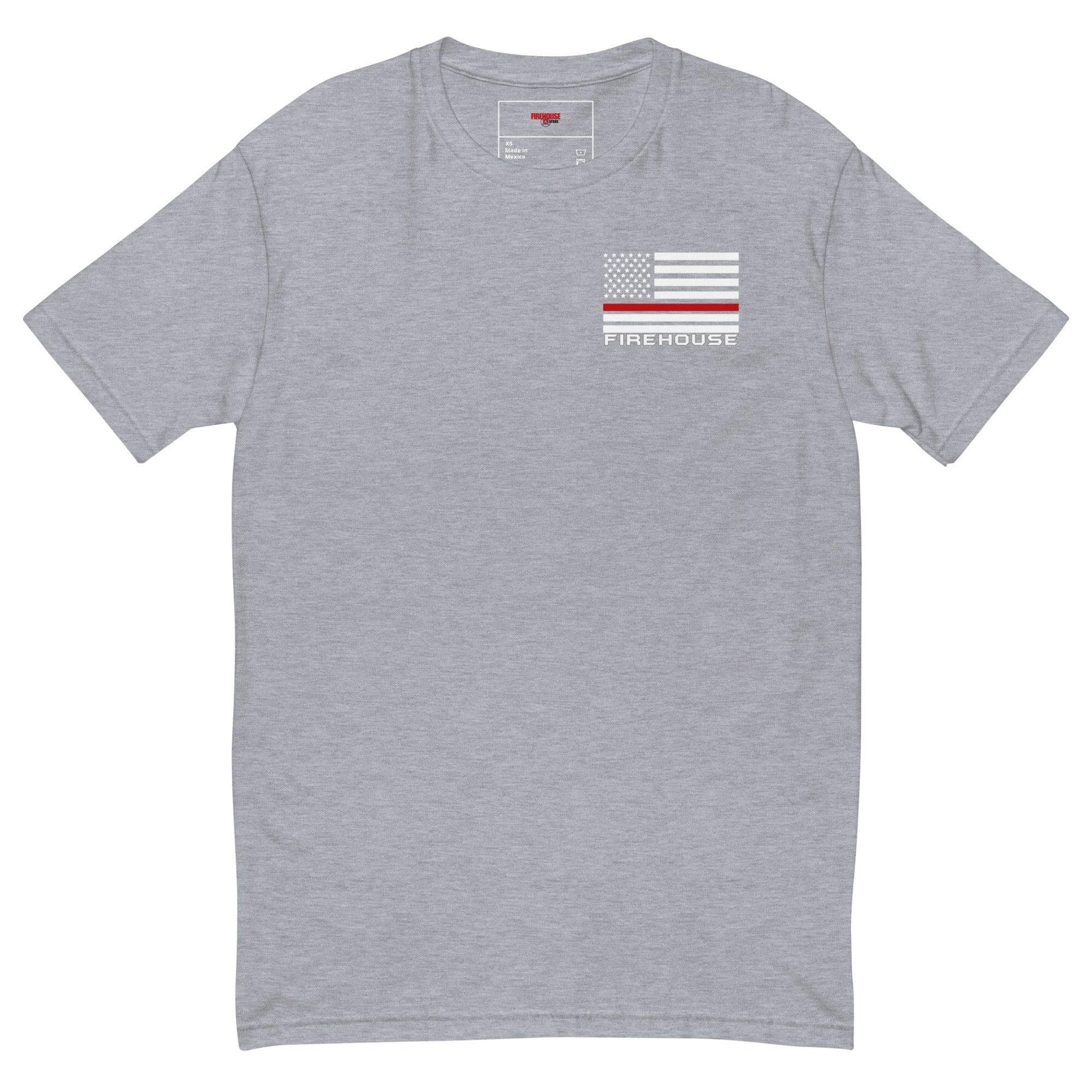 Heather Grey short sleeve t-shirt with firefighter graphic, perfect for casual wear and firefighter gifts. Comfortable and lightweight.