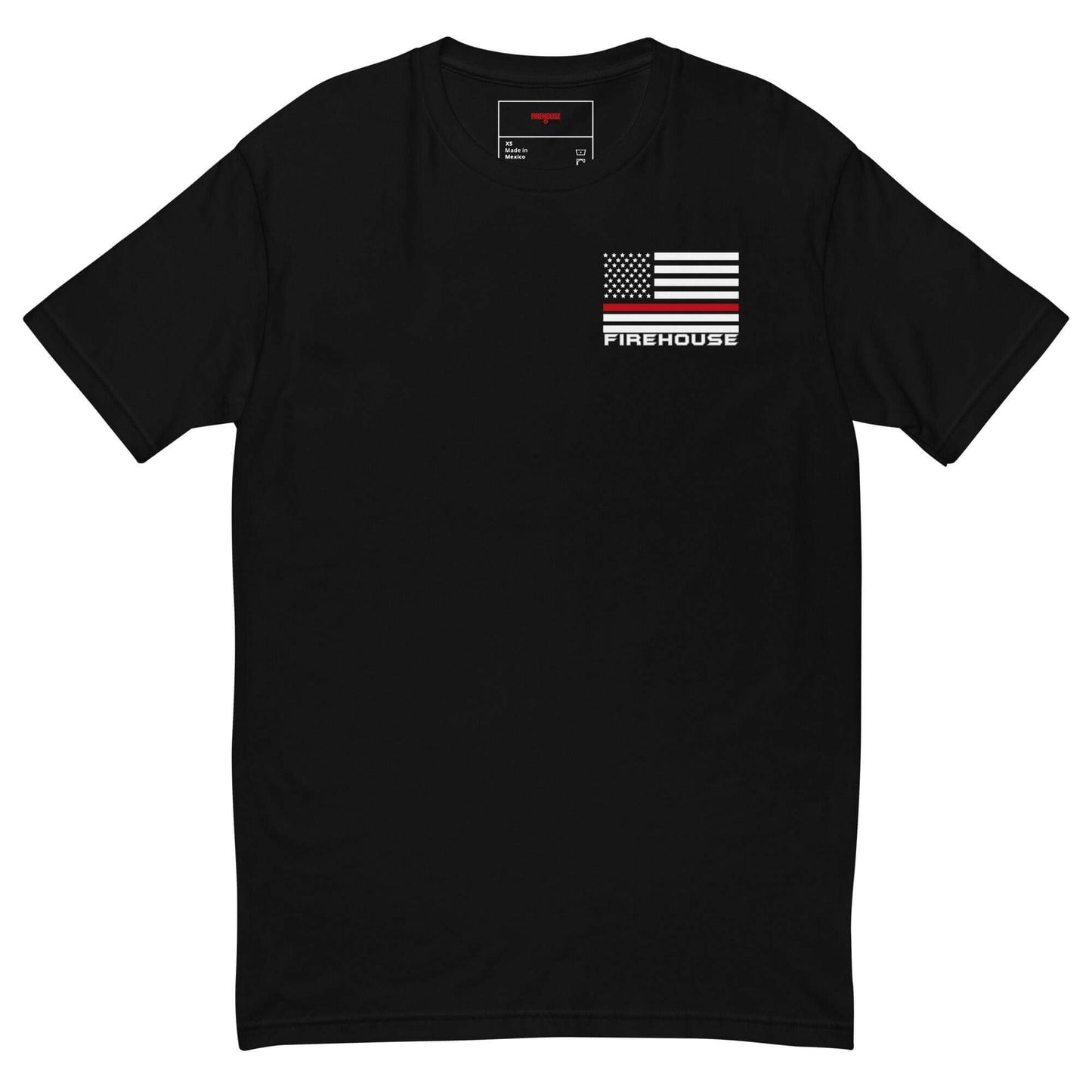 Black short sleeve t-shirt featuring American flag and "FIREHOUSE" text, perfect for firefighter apparel and gifts.