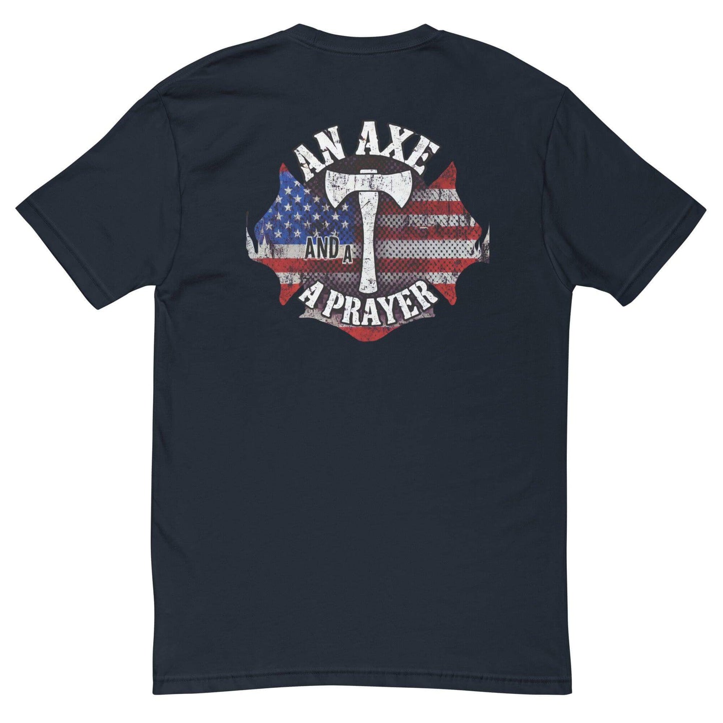 Short sleeve t-shirt featuring an axe and American flag graphic, perfect for firefighters and patriotic apparel.