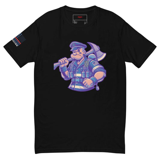 Black t-shirt featuring a cartoon firefighter with an axe, perfect for firefighter apparel and gifts.