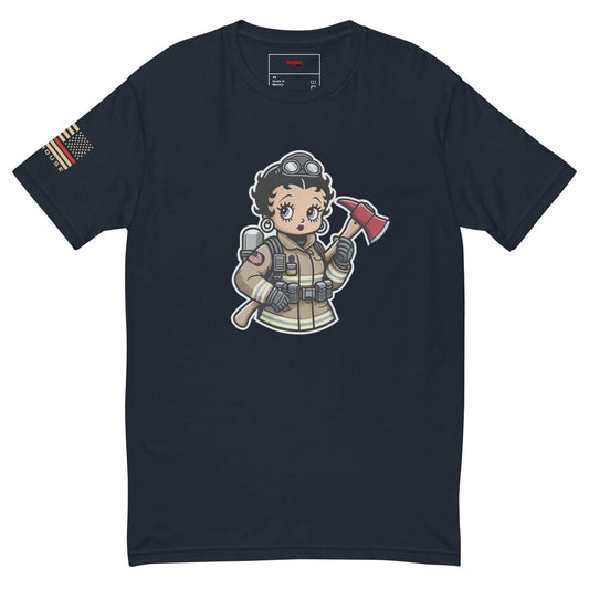 Cute firefighter graphic t-shirt featuring a cartoon character with an axe and American flag sleeve design.