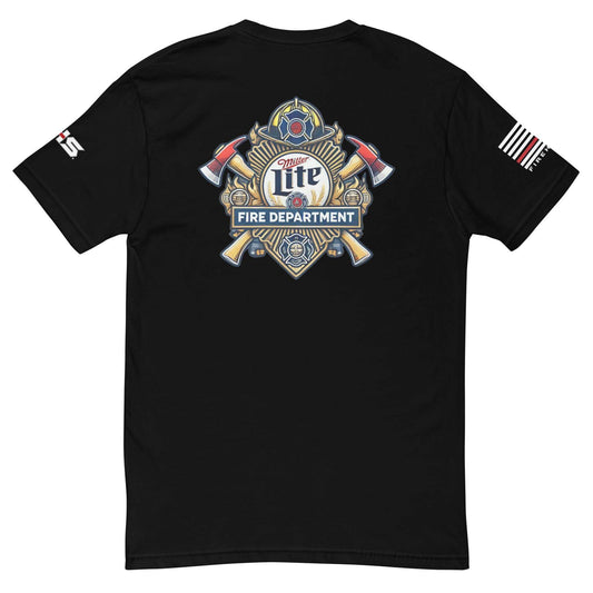 Black short sleeve t-shirt featuring firefighter department emblem and crossed axes design, perfect for firefighter apparel.