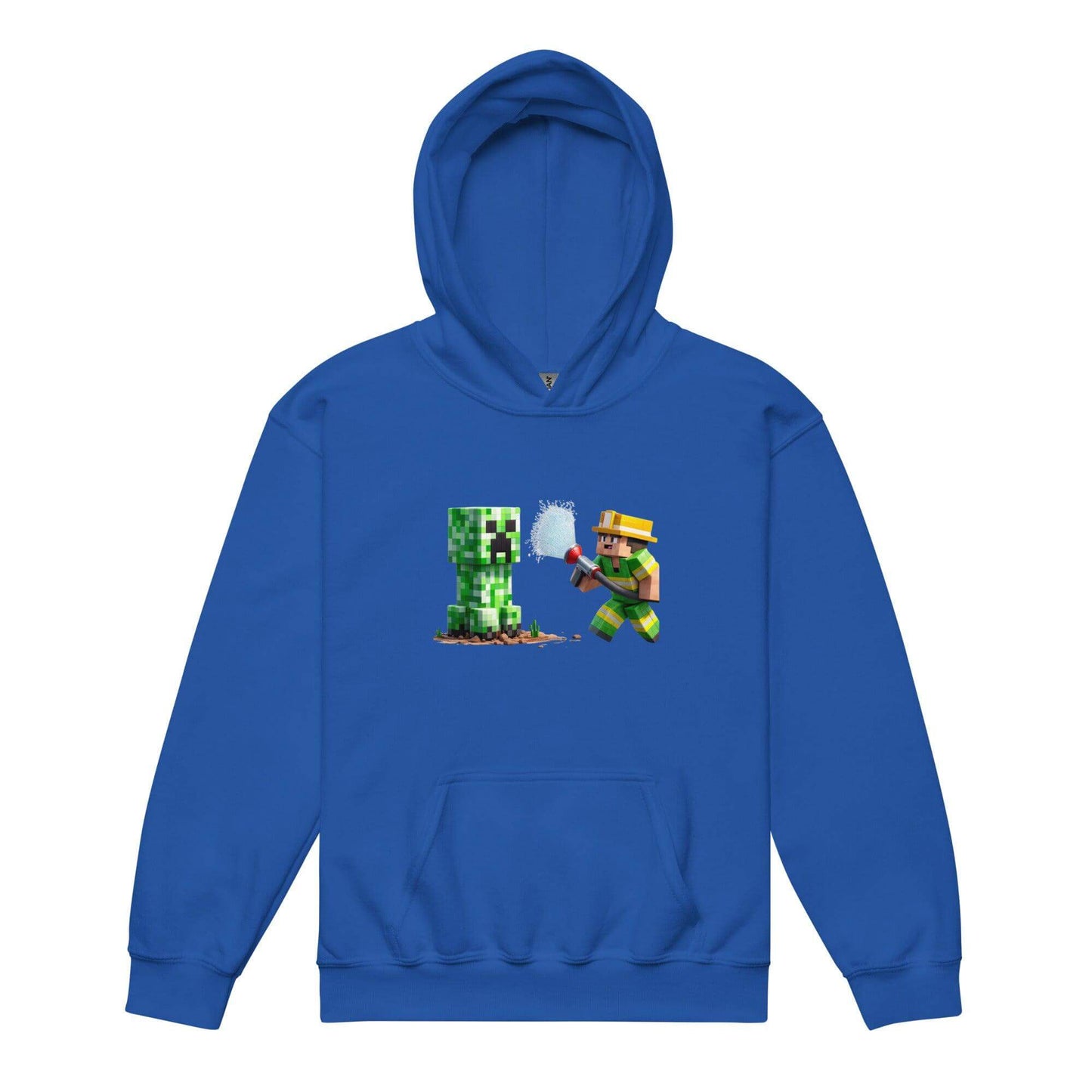 Youth blue hoodie featuring Minecraft character and creeper design, perfect for gaming enthusiasts.