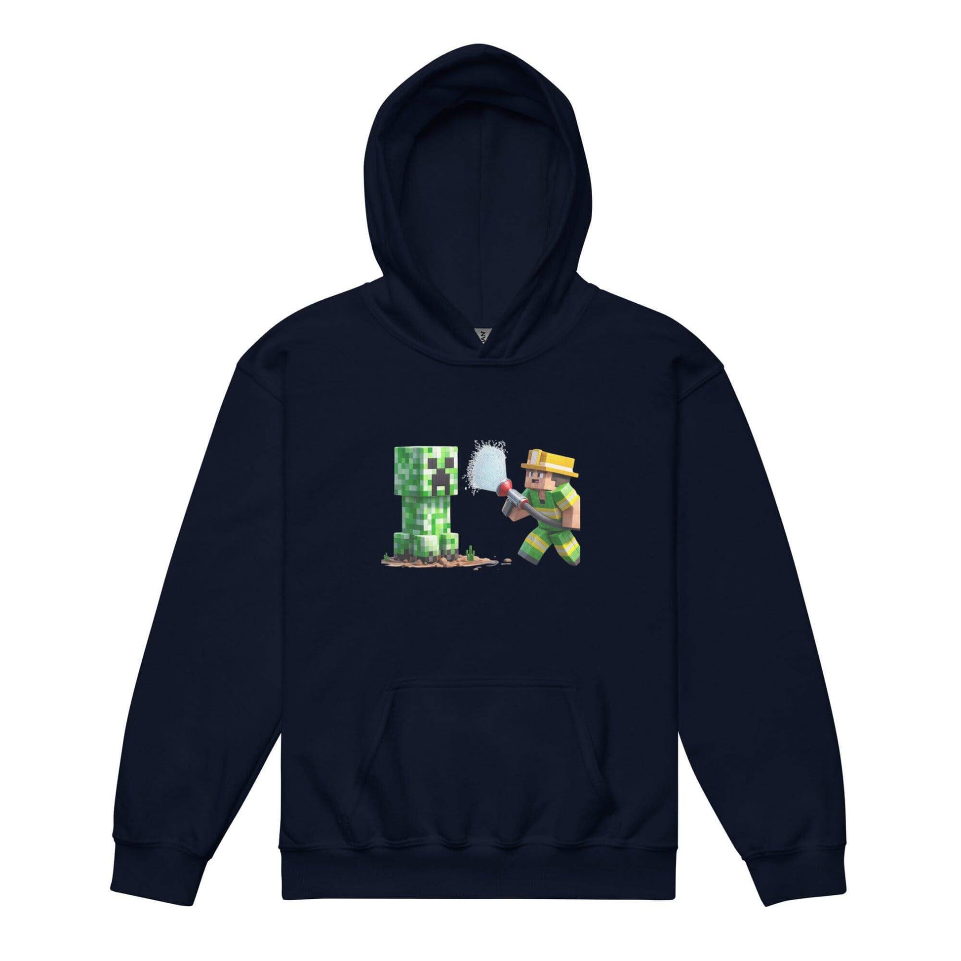 Youth Minecraft hoodie featuring a character battling a Creeper in vibrant colors on a navy background.