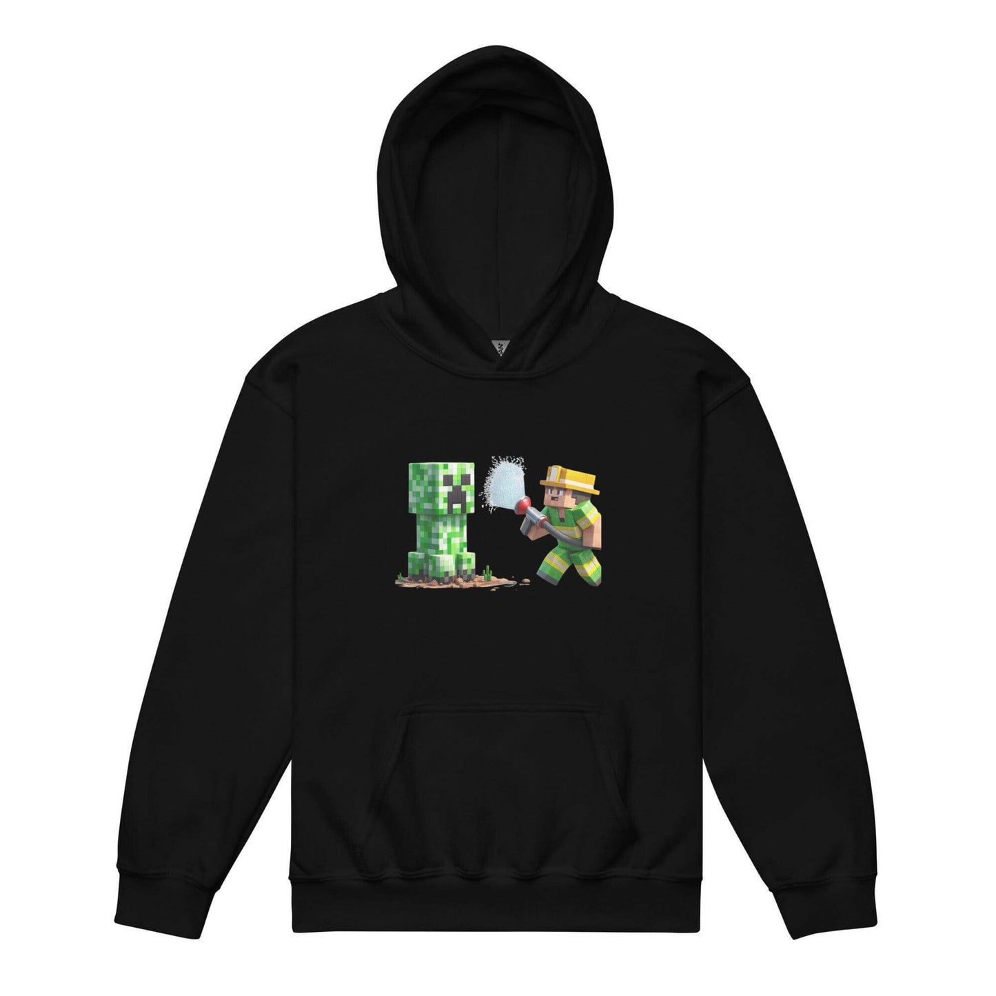 Youth hoodie featuring a Minecraft character battling a creeper, perfect for gaming fans and casual wear.