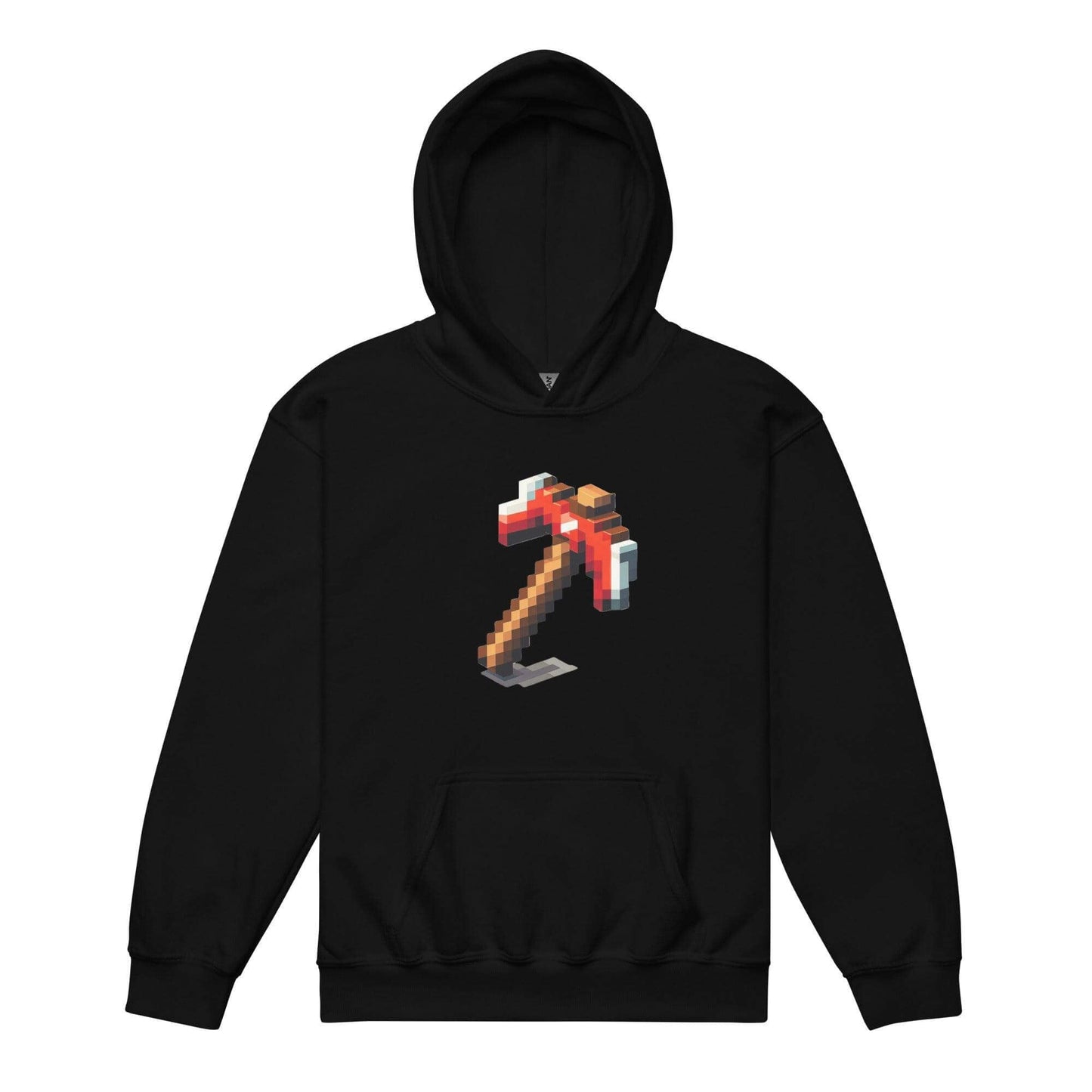 Youth heavy blend hoodie featuring pixelated pickaxe graphic on a black background. Ideal for gamers and comfort seekers.