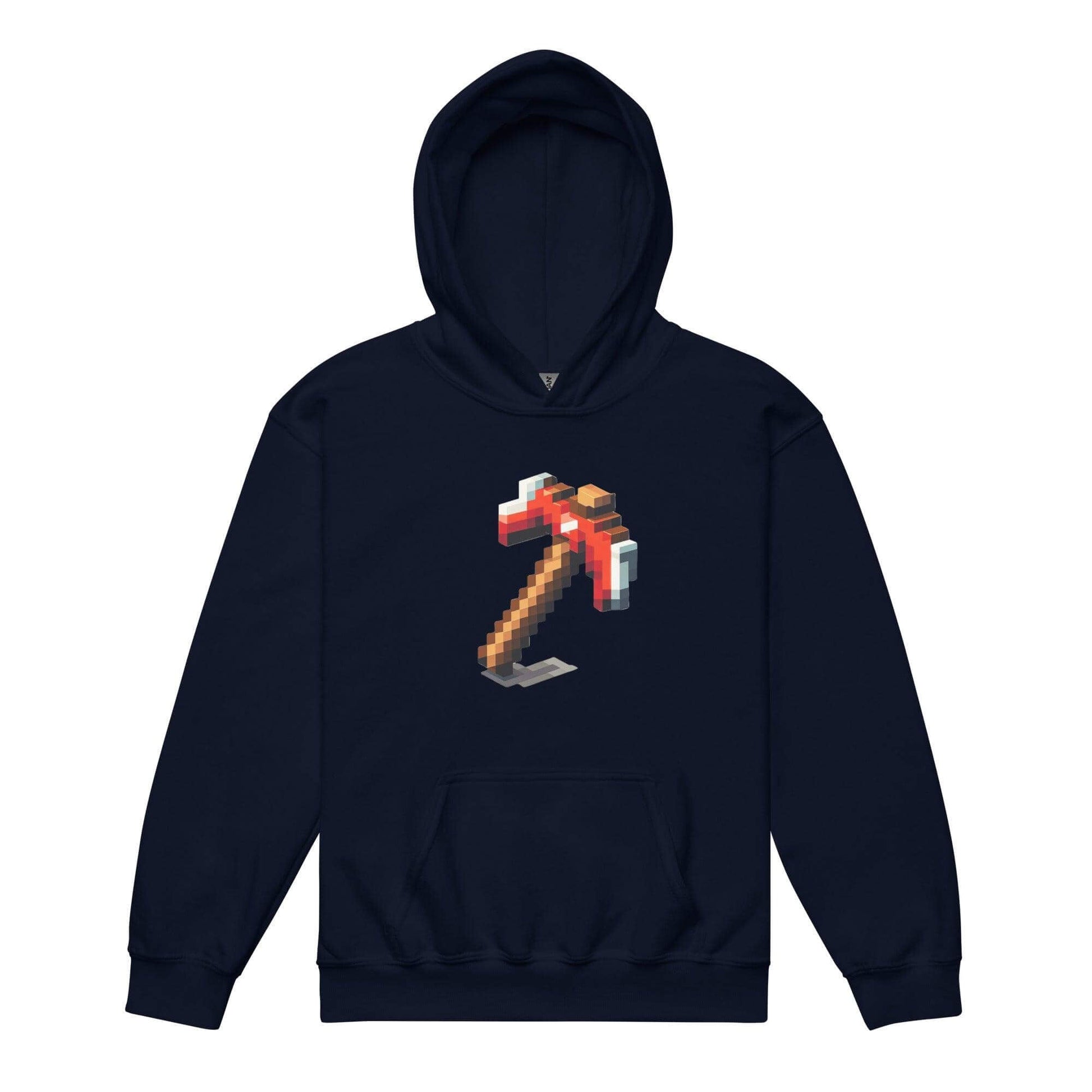 Youth hoodie featuring a pixelated red and brown pickaxe graphic, perfect for gaming enthusiasts.