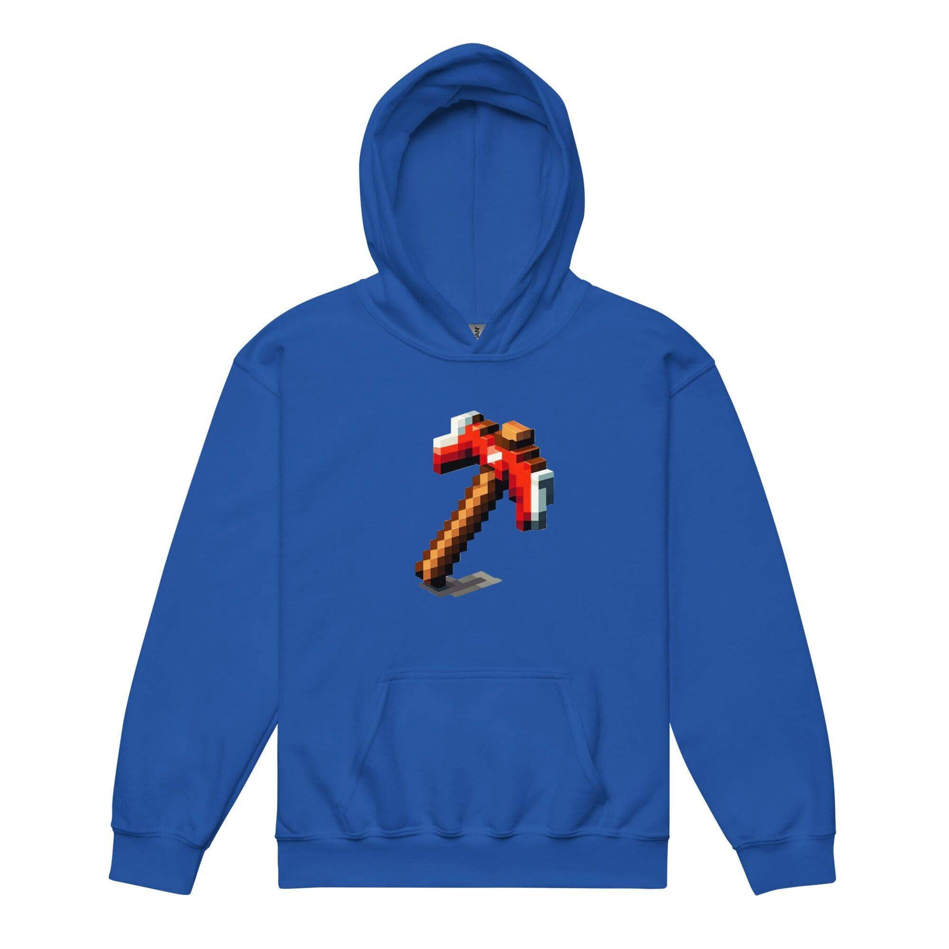 Blue hoodie featuring a pixelated pickaxe graphic, perfect for gamers and Minecraft fans.