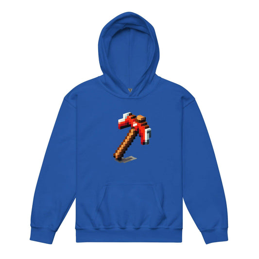 Blue hoodie featuring a pixelated pickaxe graphic, perfect for gamers and Minecraft fans.