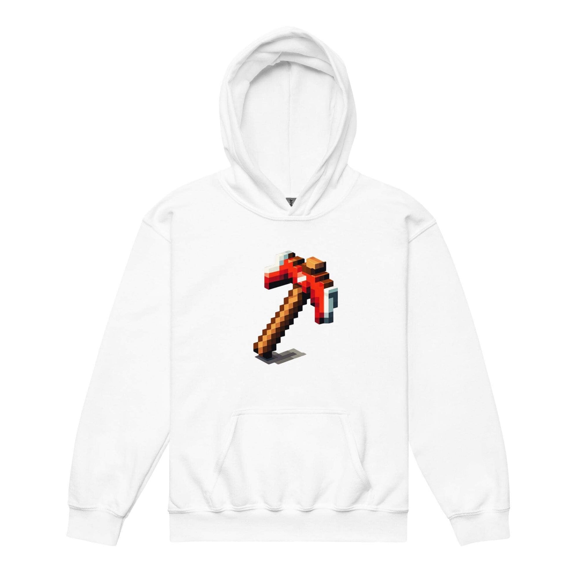 White hoodie featuring a pixel art pickaxe design inspired by a popular video game.