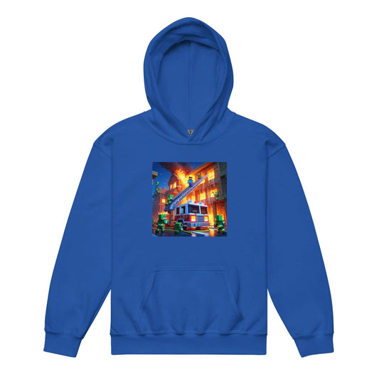 Youth blue hoodie featuring a vibrant firefighter-themed graphic design, perfect for active kids and firefighter gear enthusiasts.