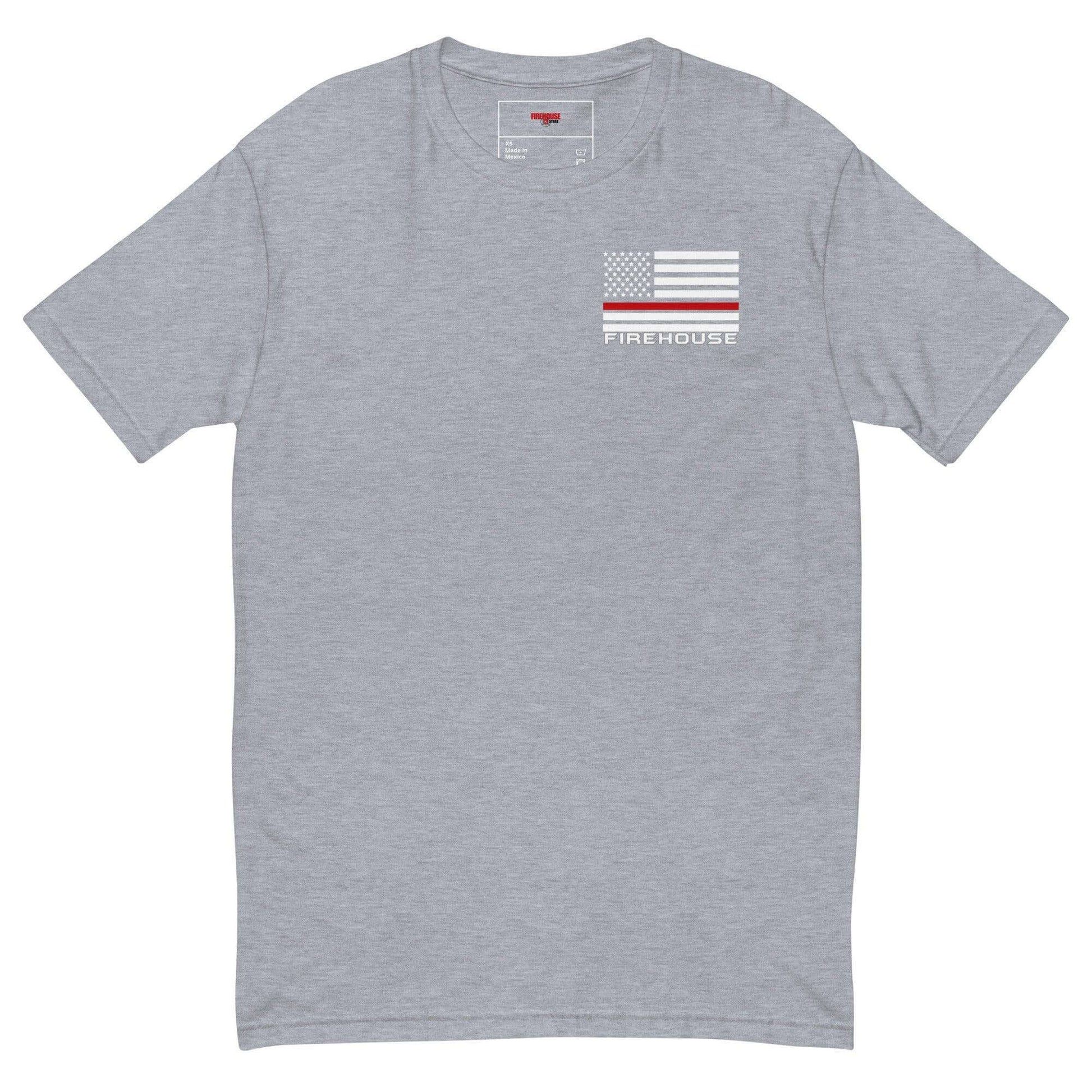 Grey short sleeve t-shirt featuring American flag and "Firehouse" graphic, perfect for firefighter apparel and gifts.