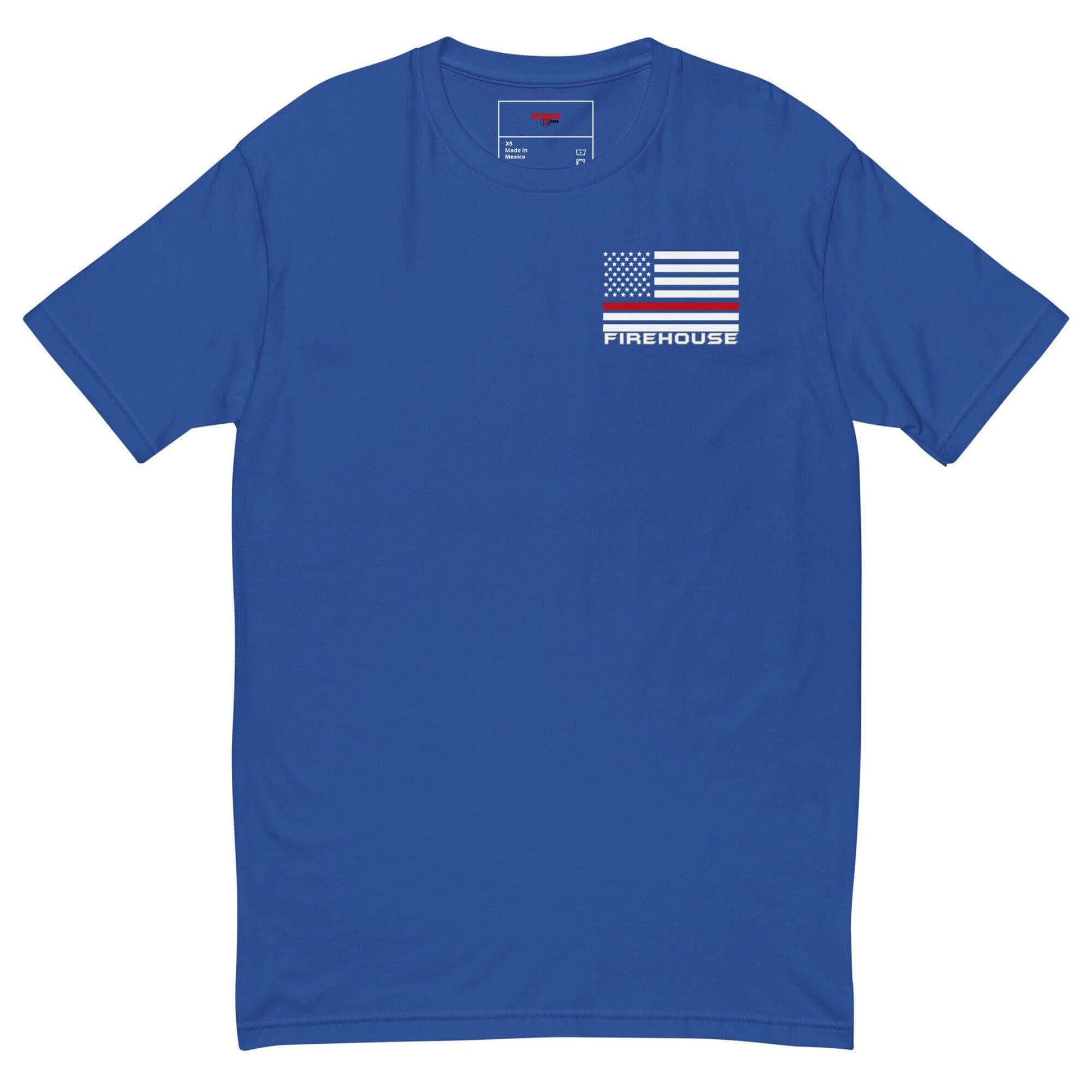 Blue short sleeve t-shirt featuring a flag design with "FIREHOUSE" text, ideal firefighter apparel and gifts.