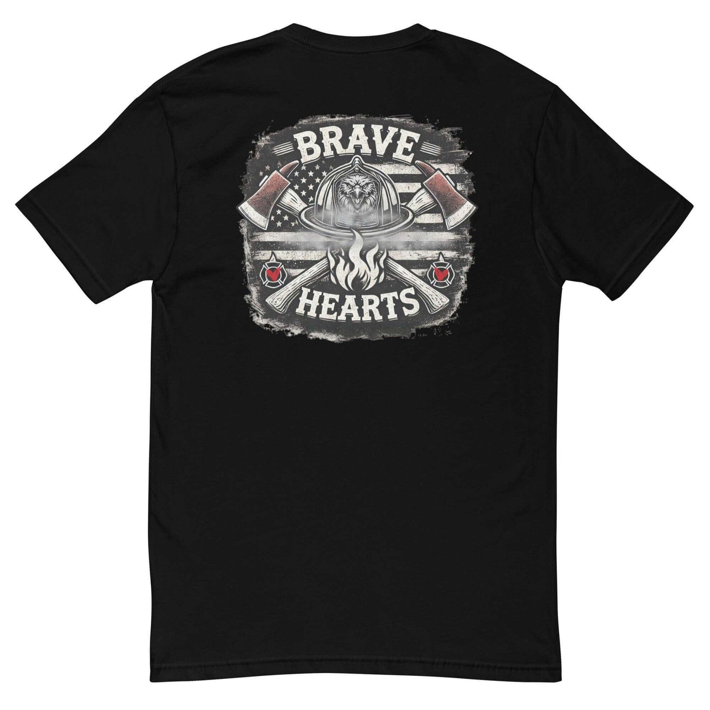 Black short sleeve t-shirt featuring "Brave Hearts" graphic with axes, ideal for firefighter apparel and gifts.