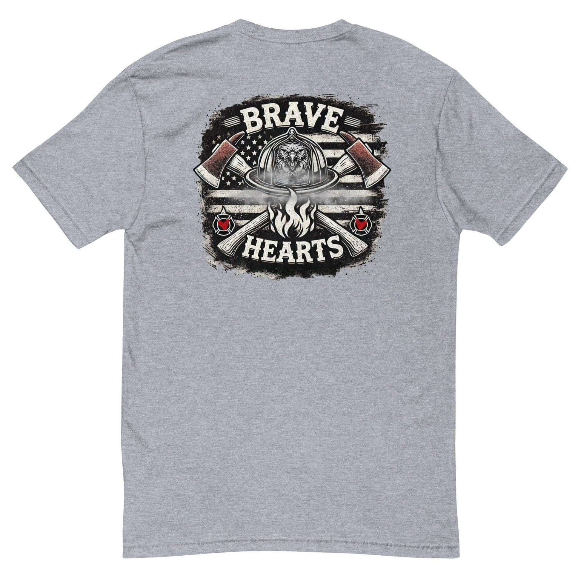 Back view of a heather grey t-shirt featuring a "Brave Hearts" graphic with axes, perfect for firefighter apparel and gifts.