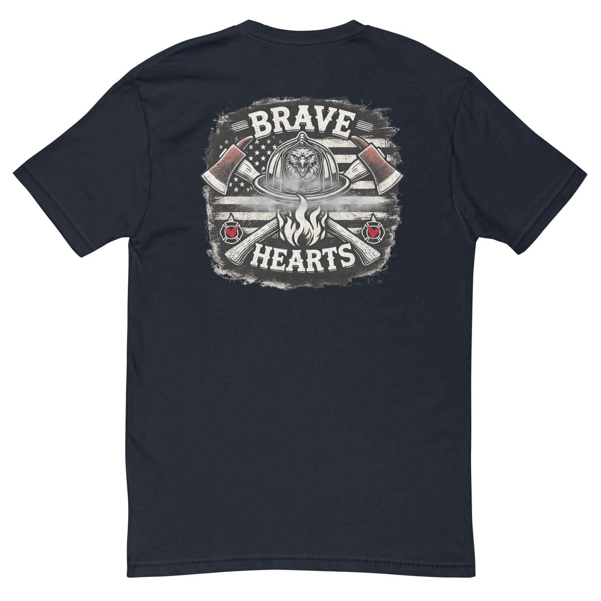 Short sleeve t-shirt featuring 'Brave Hearts' graphic with axes, perfect for firefighter apparel and gifts.