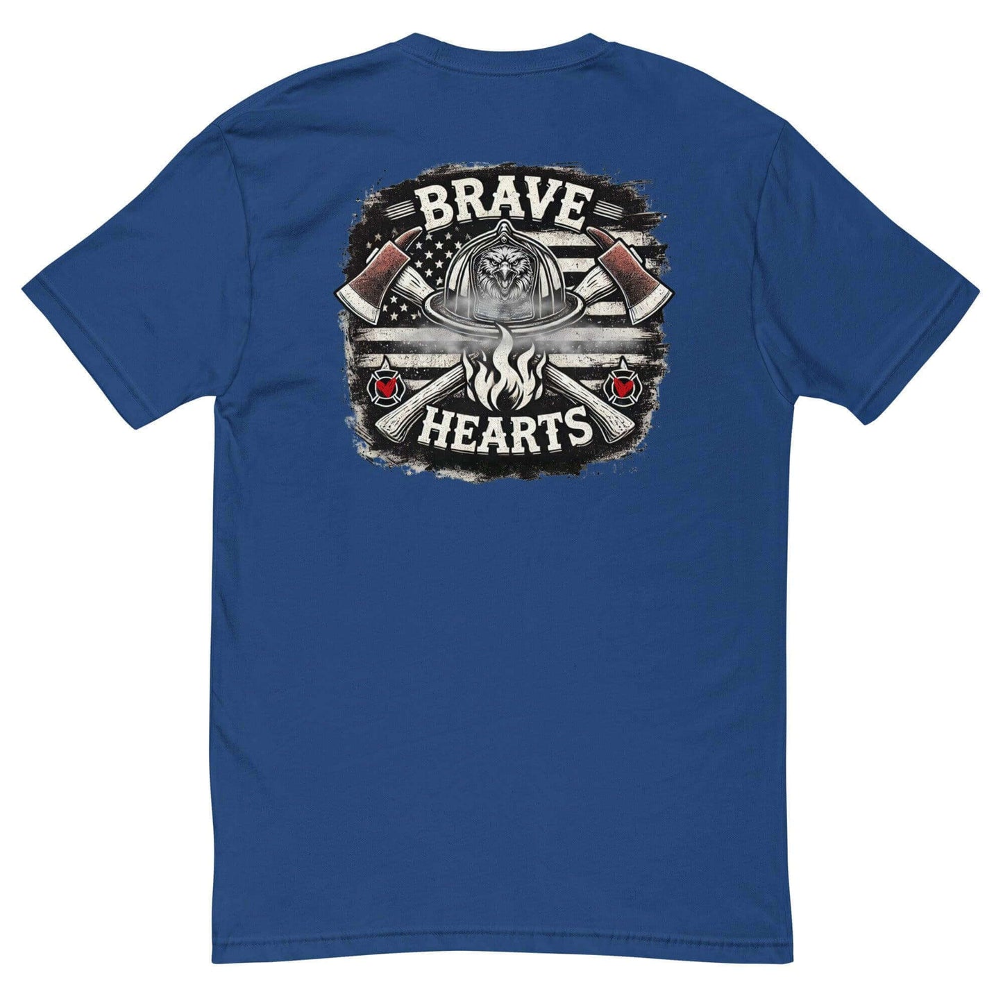 Brave Hearts firefighter graphic t-shirt in blue, featuring fire axes and a bold design, perfect for firefighter apparel and gifts.