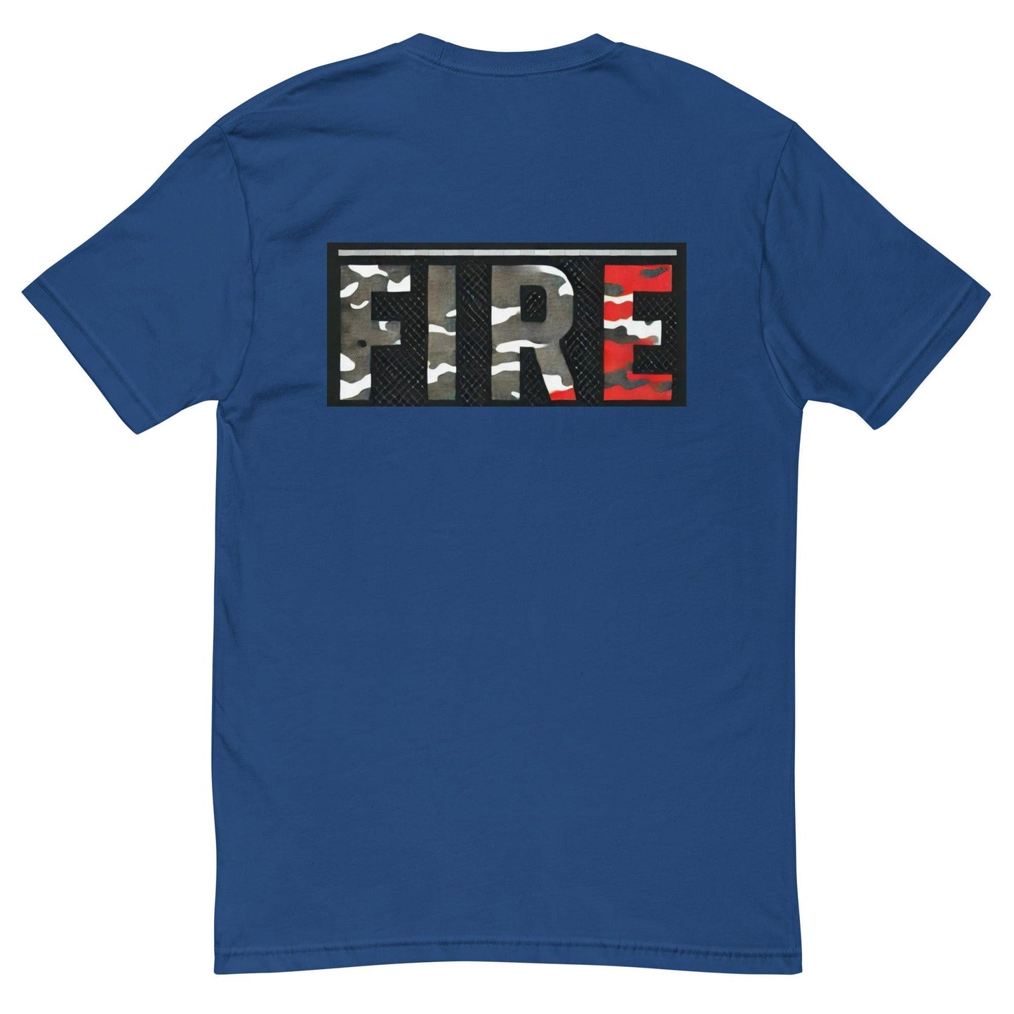 Back view of a blue short sleeve t-shirt featuring a camo "FIRE" graphic, ideal for firefighter apparel and gifts.