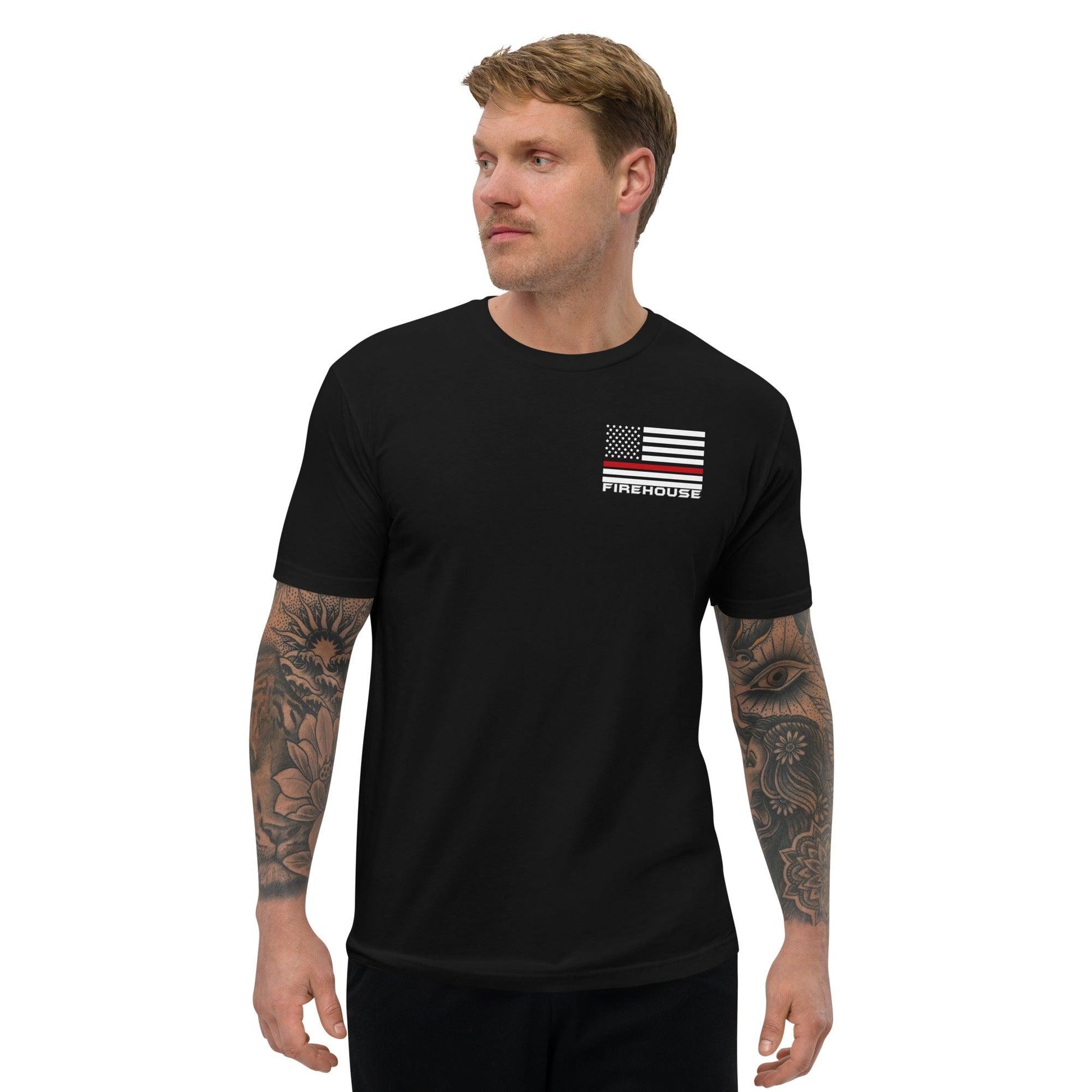 Black short sleeve t-shirt featuring American flag design, ideal for firefighter apparel and gifts.