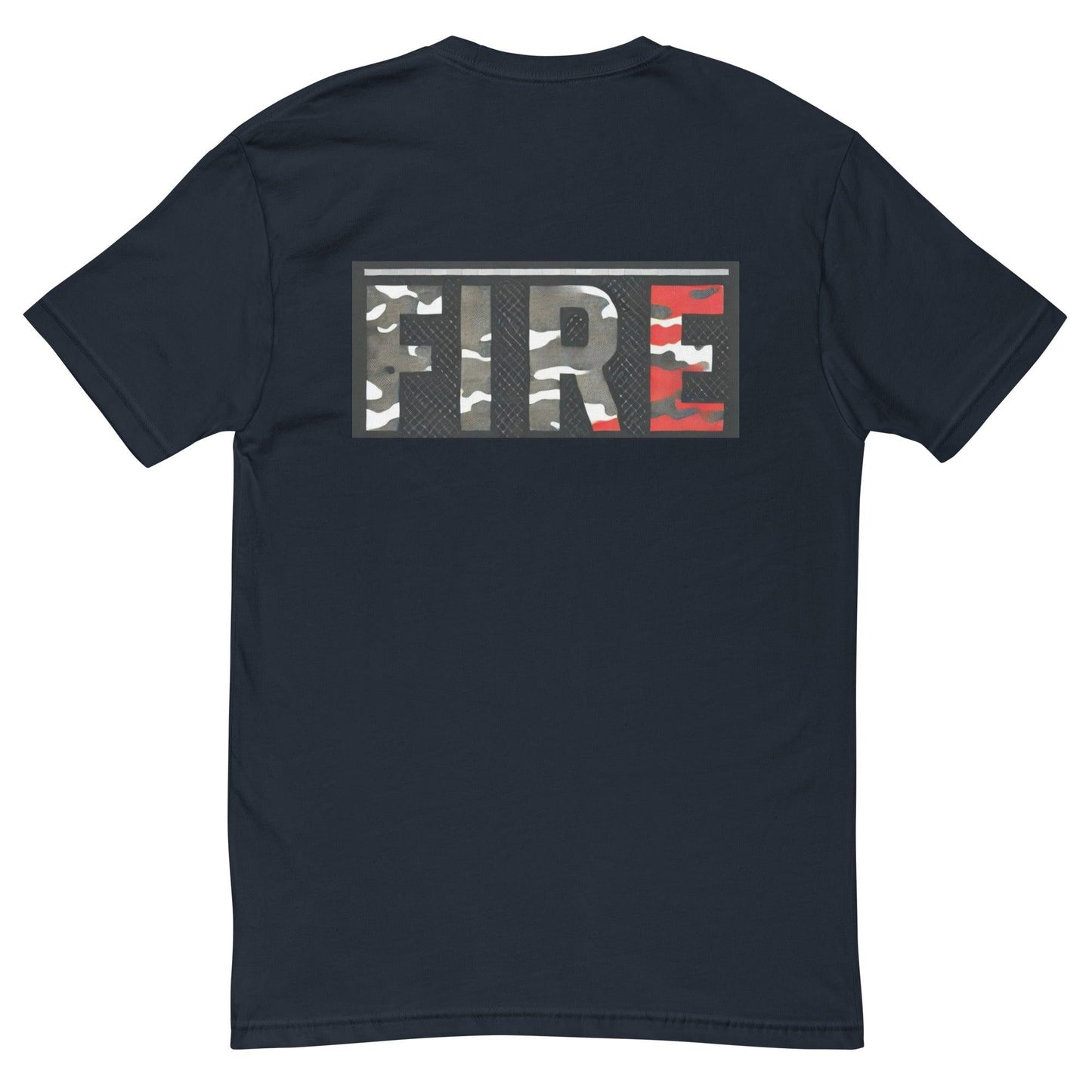 Black short sleeve t-shirt featuring a camouflage "FIRE" graphic on the back, perfect for firefighter apparel and gifts.