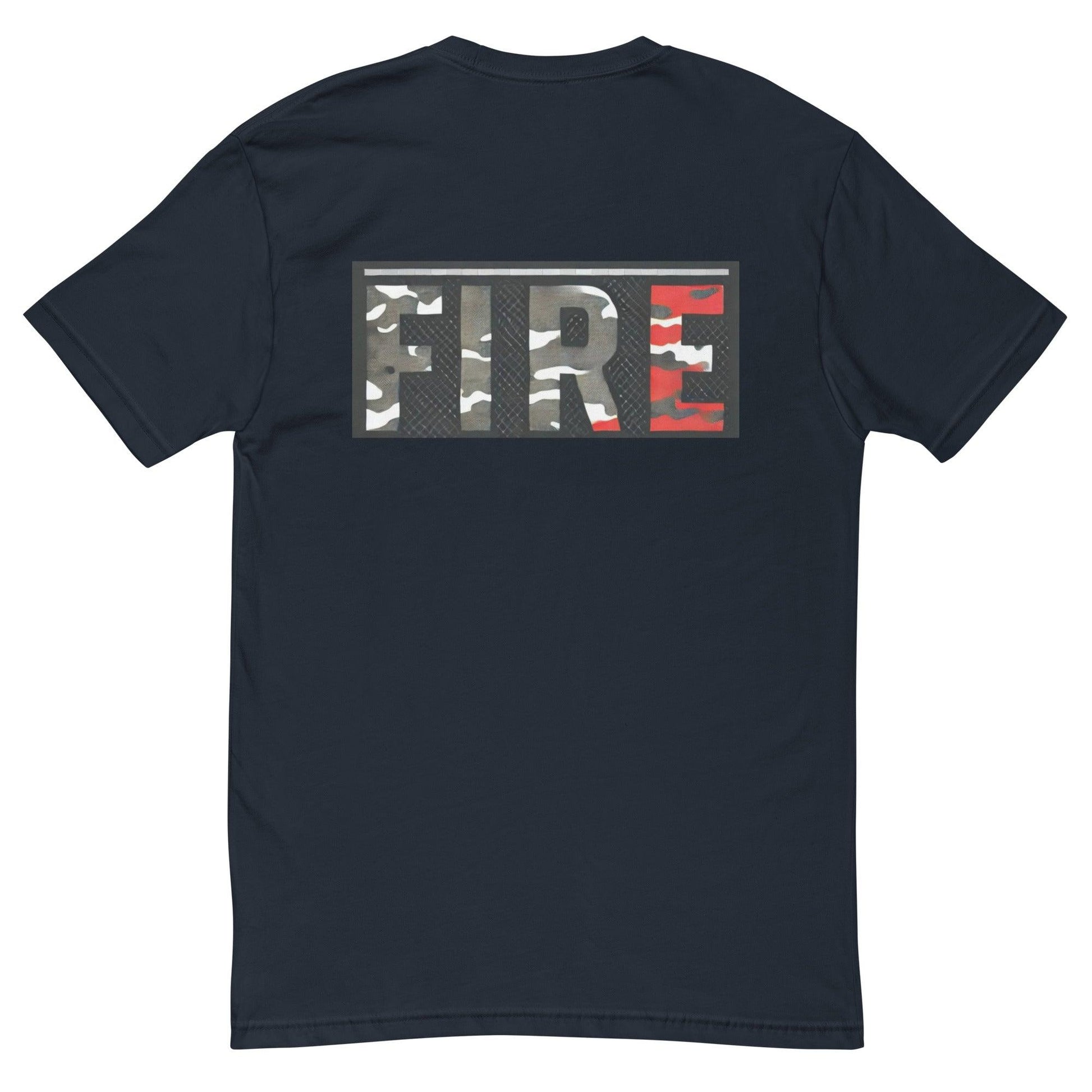 Black short sleeve t-shirt featuring a camouflage "FIRE" graphic on the back, perfect for firefighter apparel and gifts.