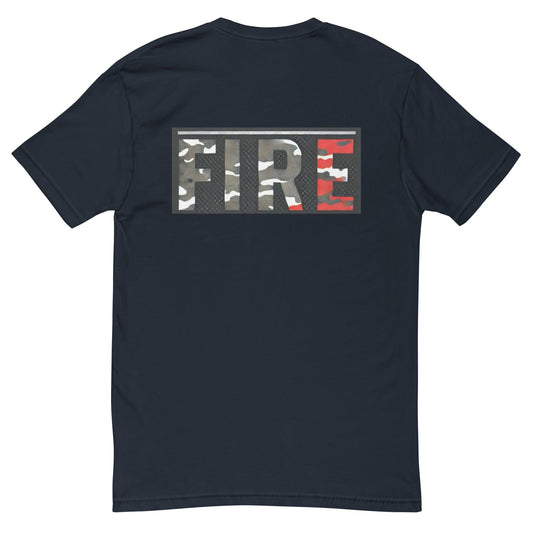 Black short sleeve t-shirt featuring a camouflage "FIRE" graphic on the back, perfect for firefighter apparel and gifts.