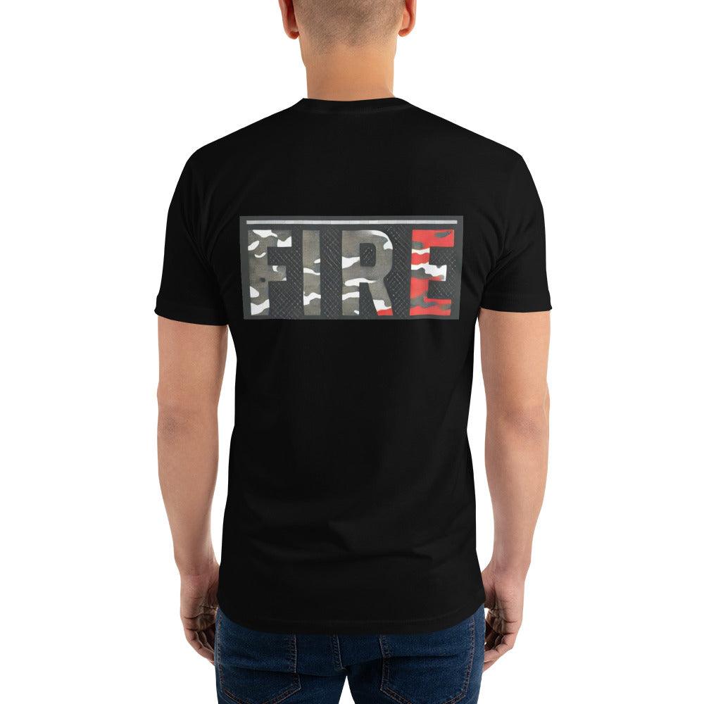 Black short sleeve t-shirt featuring camouflage design with "FIRE" graphic on the back, ideal for firefighter apparel.